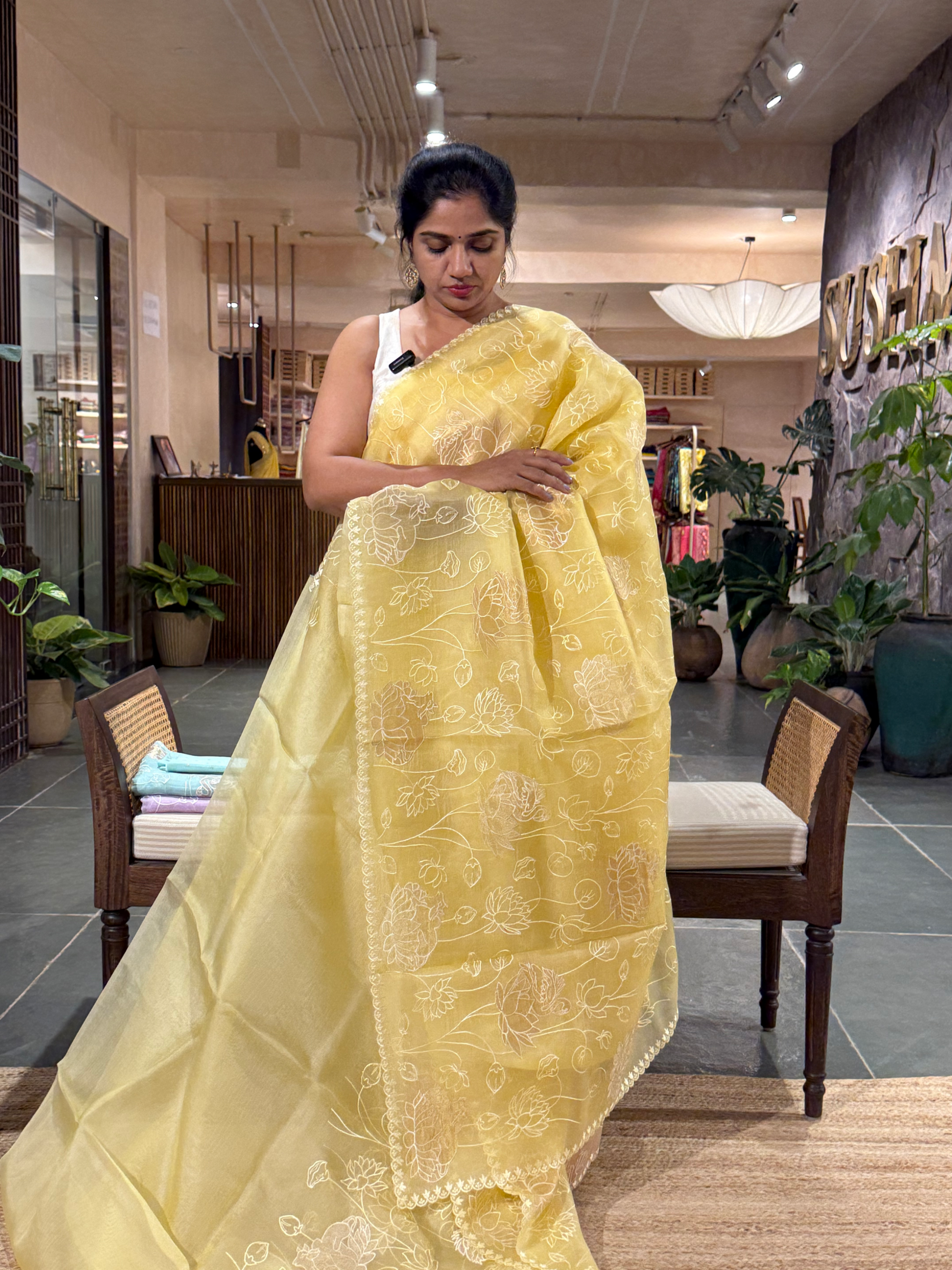 SOAA1607 : Pastel Yellow Organza Saree with Allover Pichwai Applique Embroidery