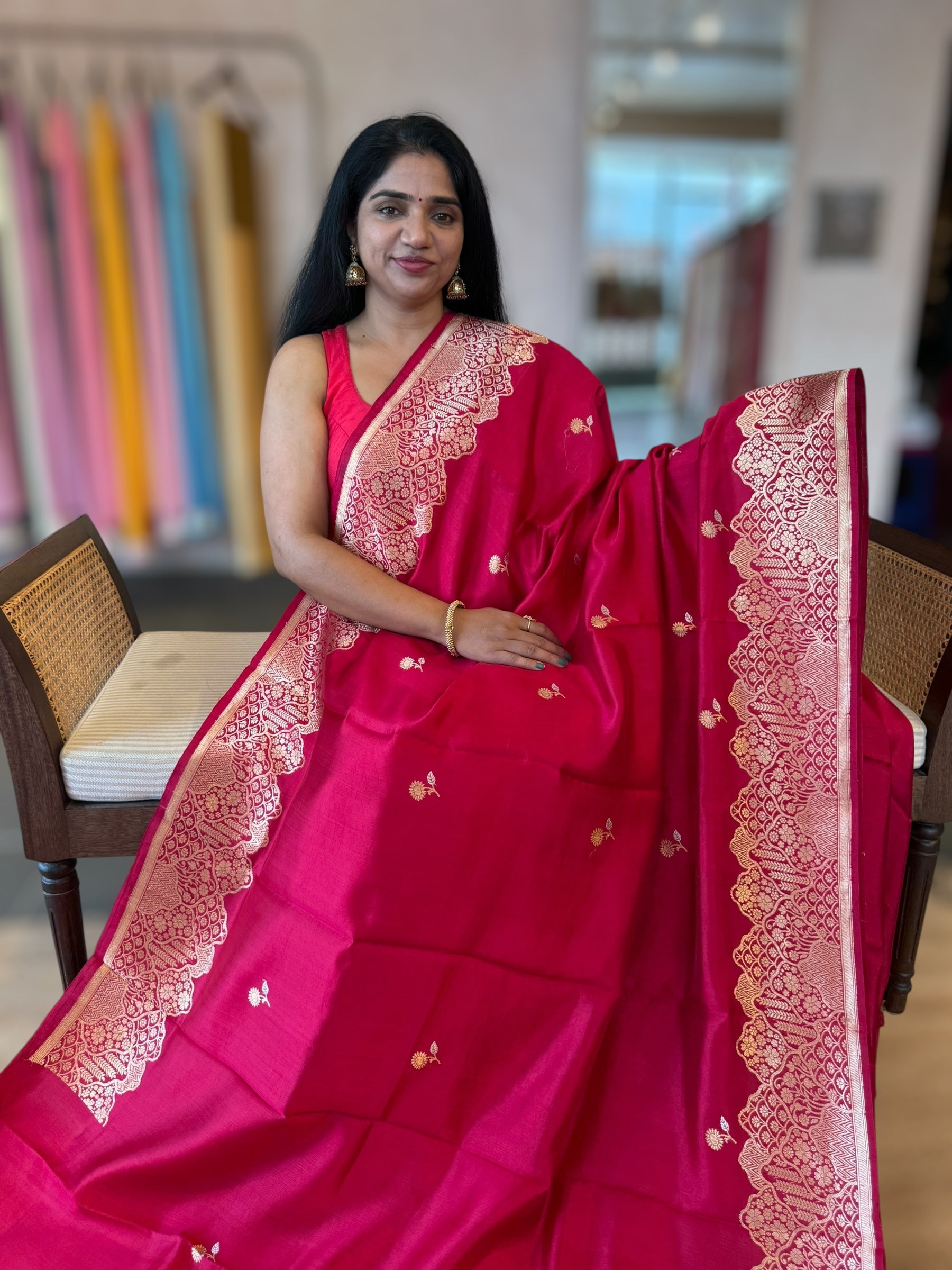 Ruby Pink Banarasi Raw Mango Silk Saree with Open Borders & Kaduwa Weavingc