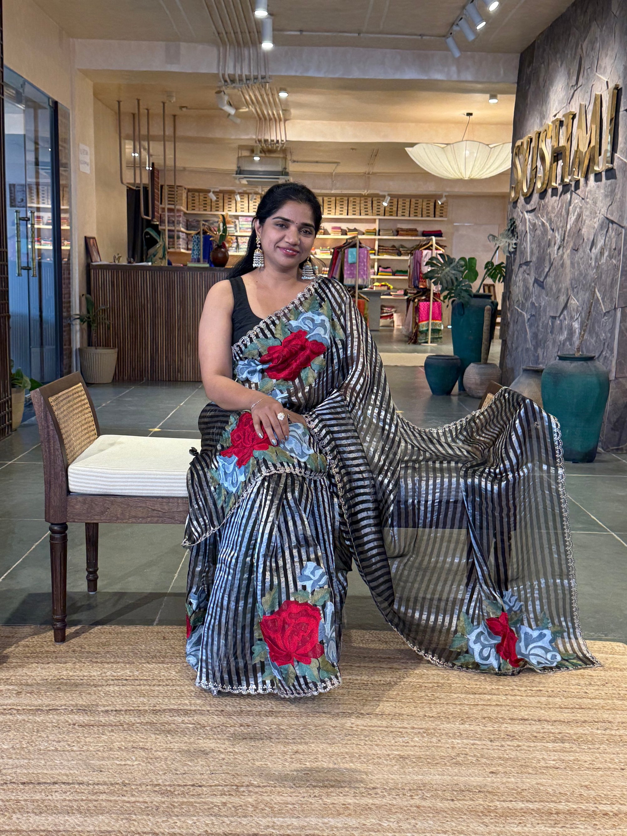 Black & Silver Stripes Tissue Silk Saree with Statement Floral bunch embroidery
