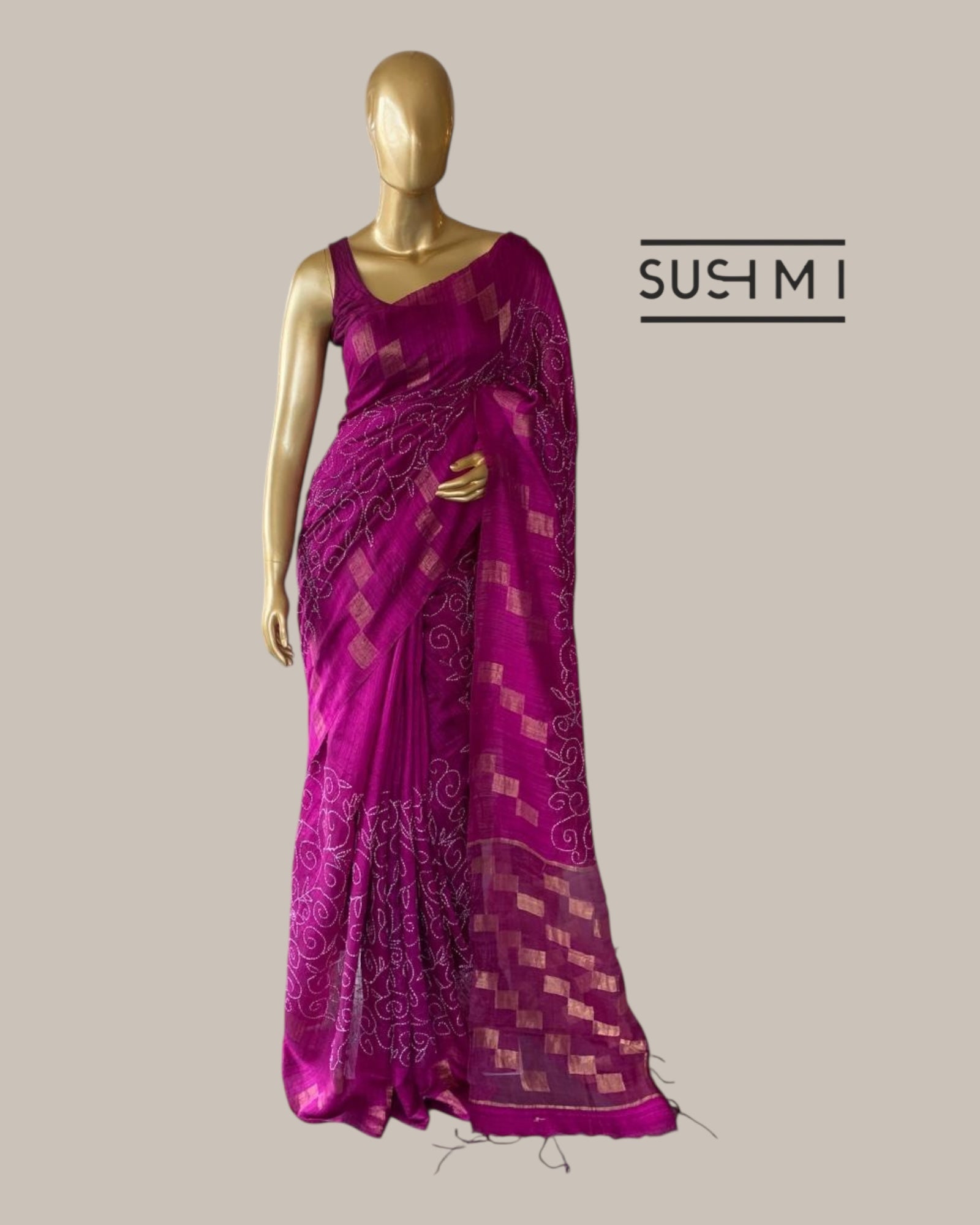 Majenta Makta Tussar Saree with Jamdani weaving and allover hand katha work
