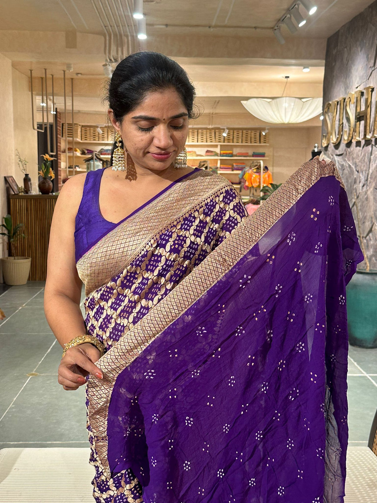 Purple blue banarsi khaddi georgette handmade bandhej work