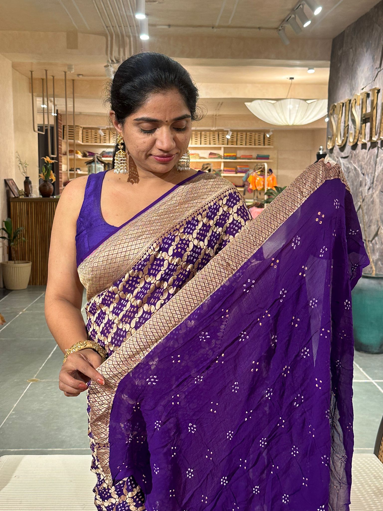 Purple blue banarsi khaddi georgette handmade bandhej work