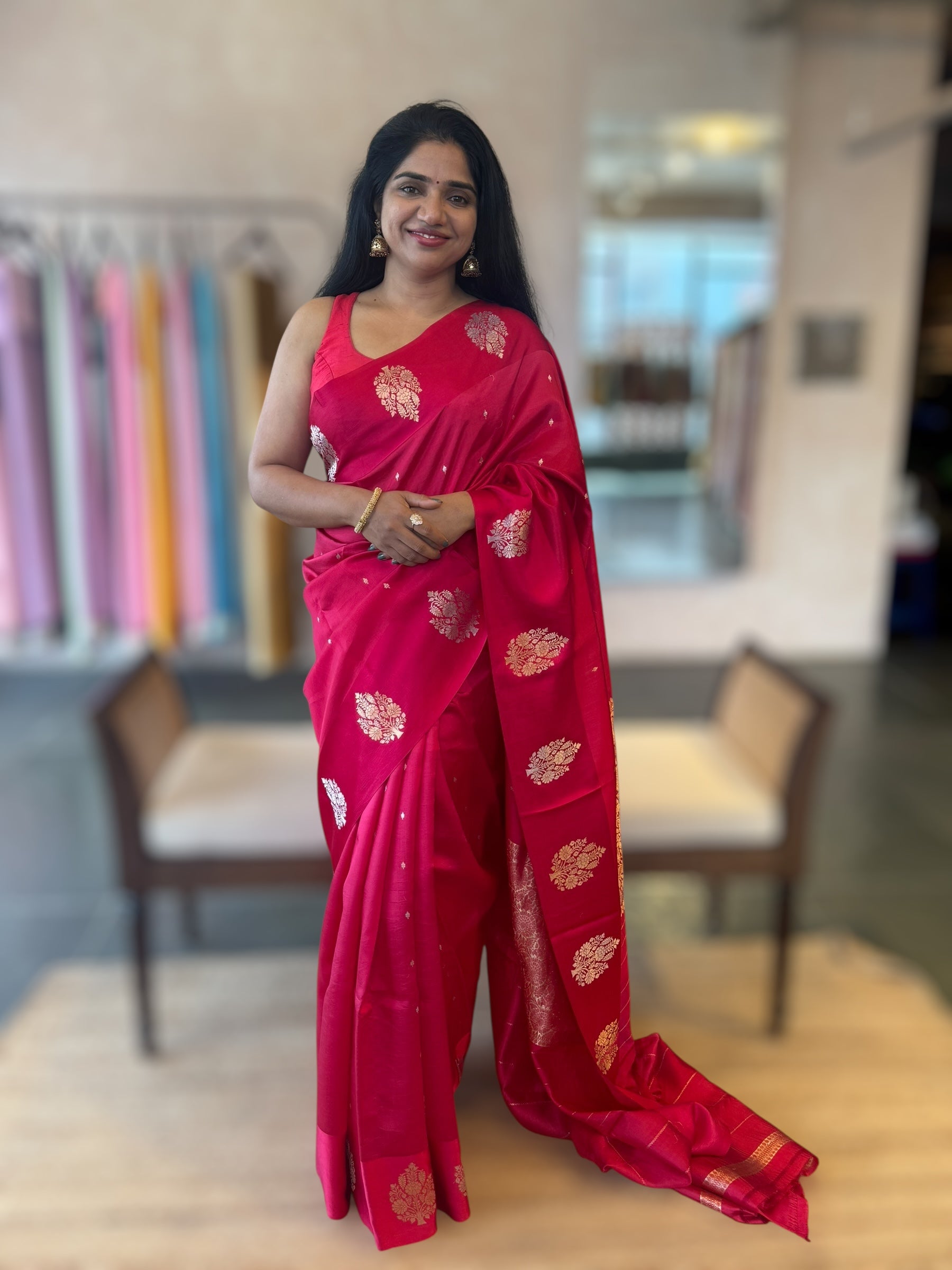 Ruby Pink Banarasi Raw Mango Silk Saree with Open Borders & Kaduwa Woven Motifs