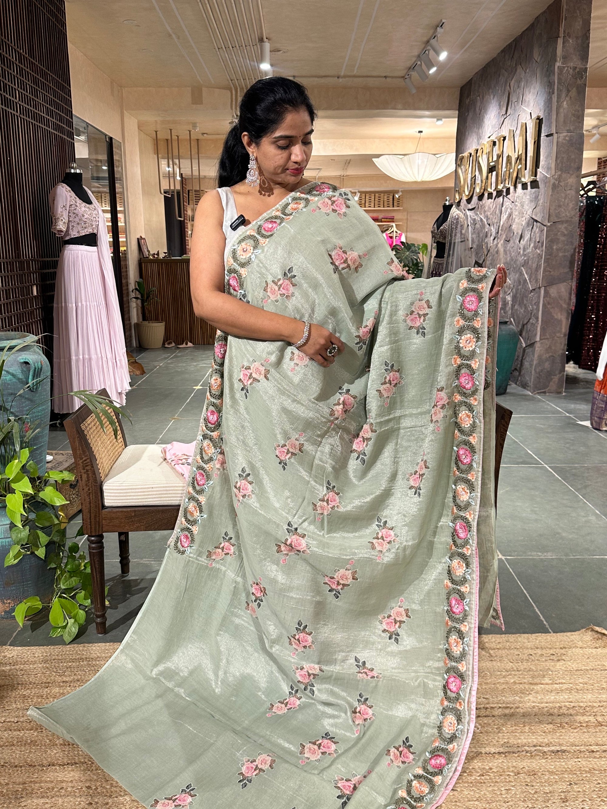 Pista Green Cotton Tissue Saree with allover floral bunches applique work