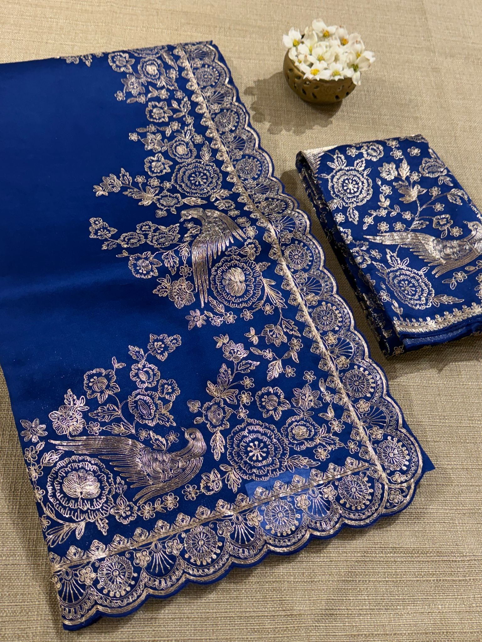 Royal blue Pure organza Saree with pita emb