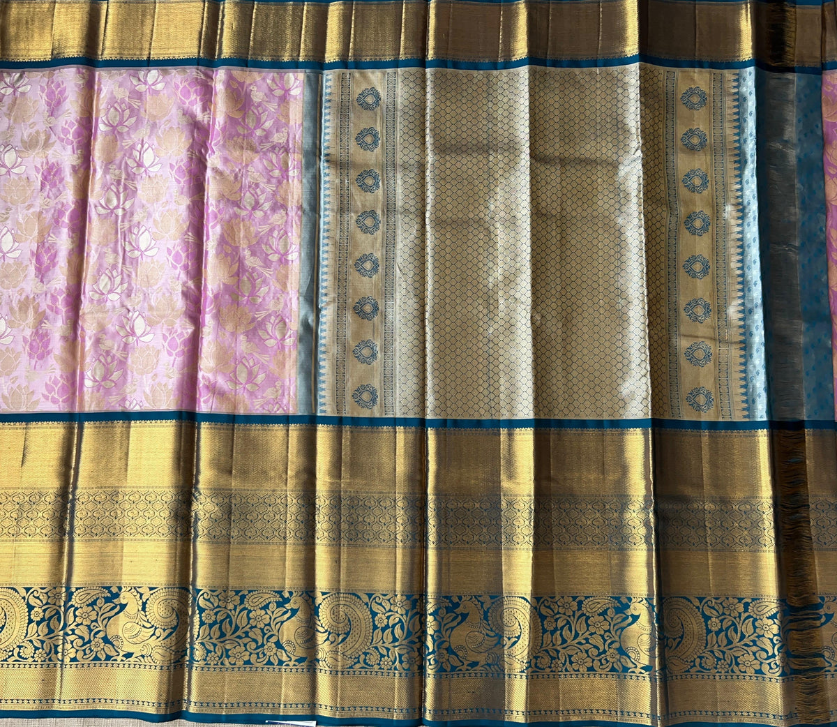 Lotus Pink & Peacock Blue Combo Pure Kanchi Tissue allover Brocade Saree