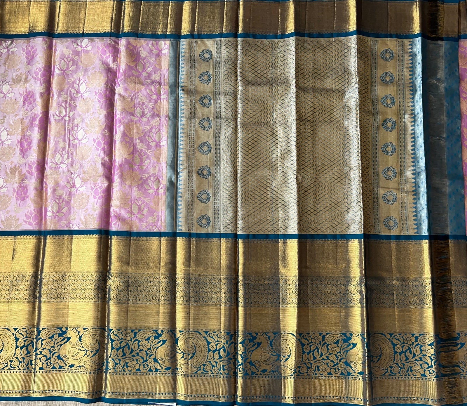 Lotus Pink & Peacock Blue Combo Pure Kanchi Tissue allover Brocade Saree