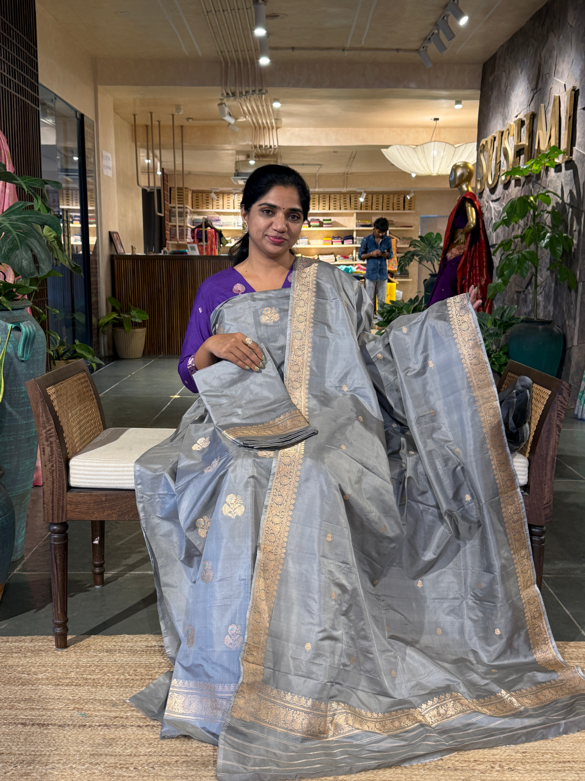 Grey Pure Handloom Katan Silk  3 pc Suit Set with  kaduwa weaving