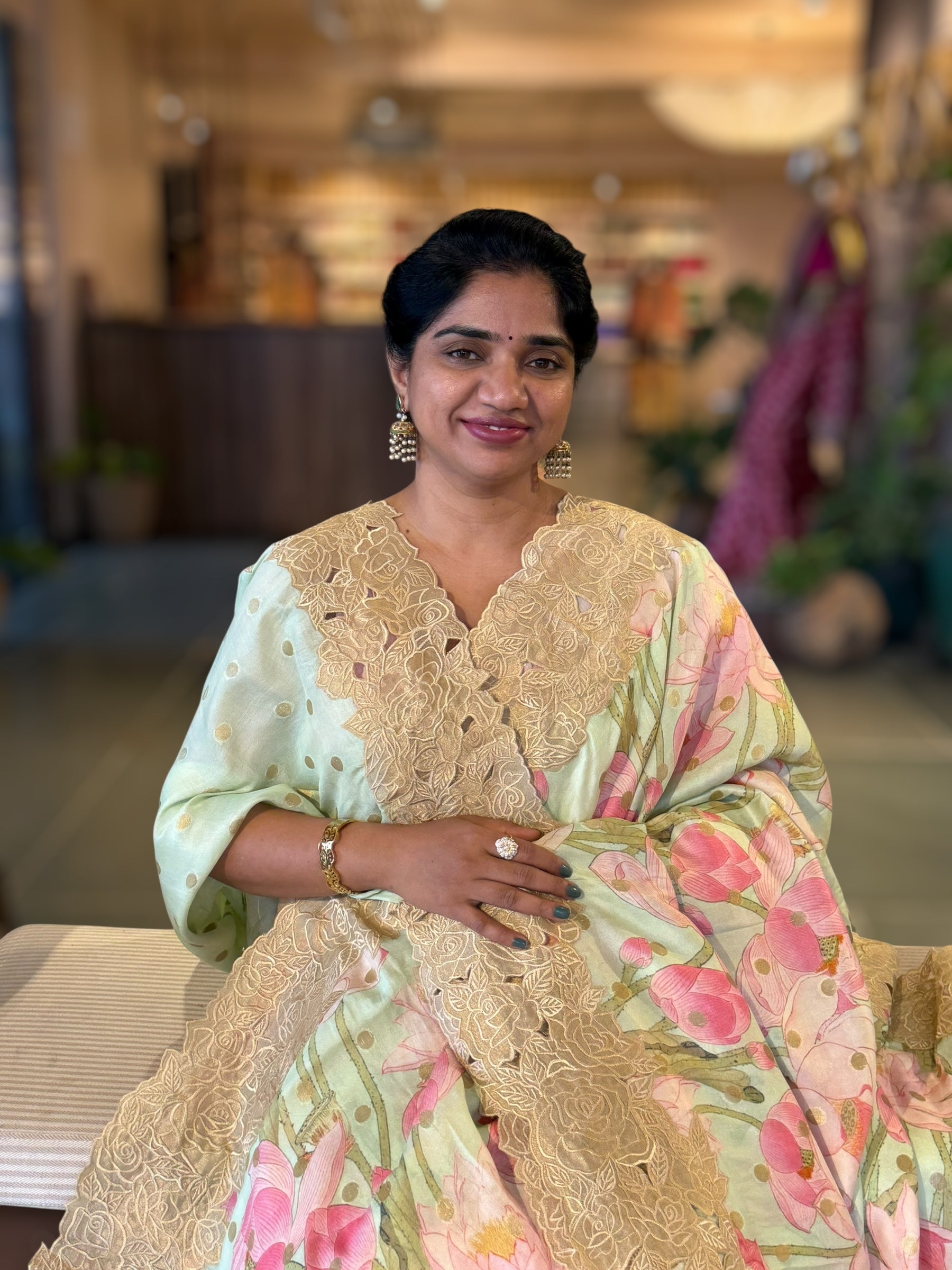 Mint Banarasi Printed Tussar Khaddi Gorgette With Tissue cutwork Rose Border