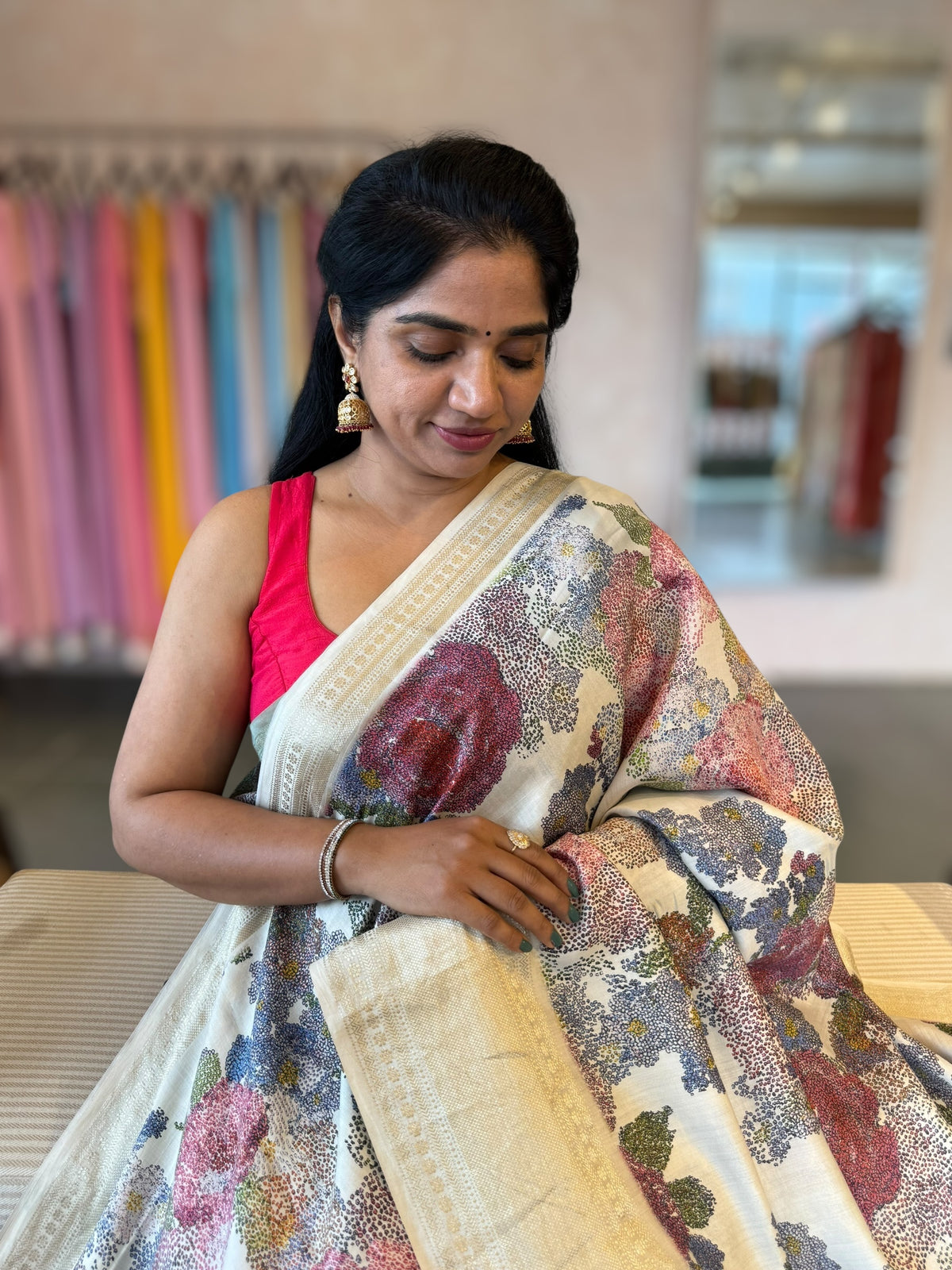 Half White Pista Chiniya Silk Saree With Petite Point  Emb Style Print