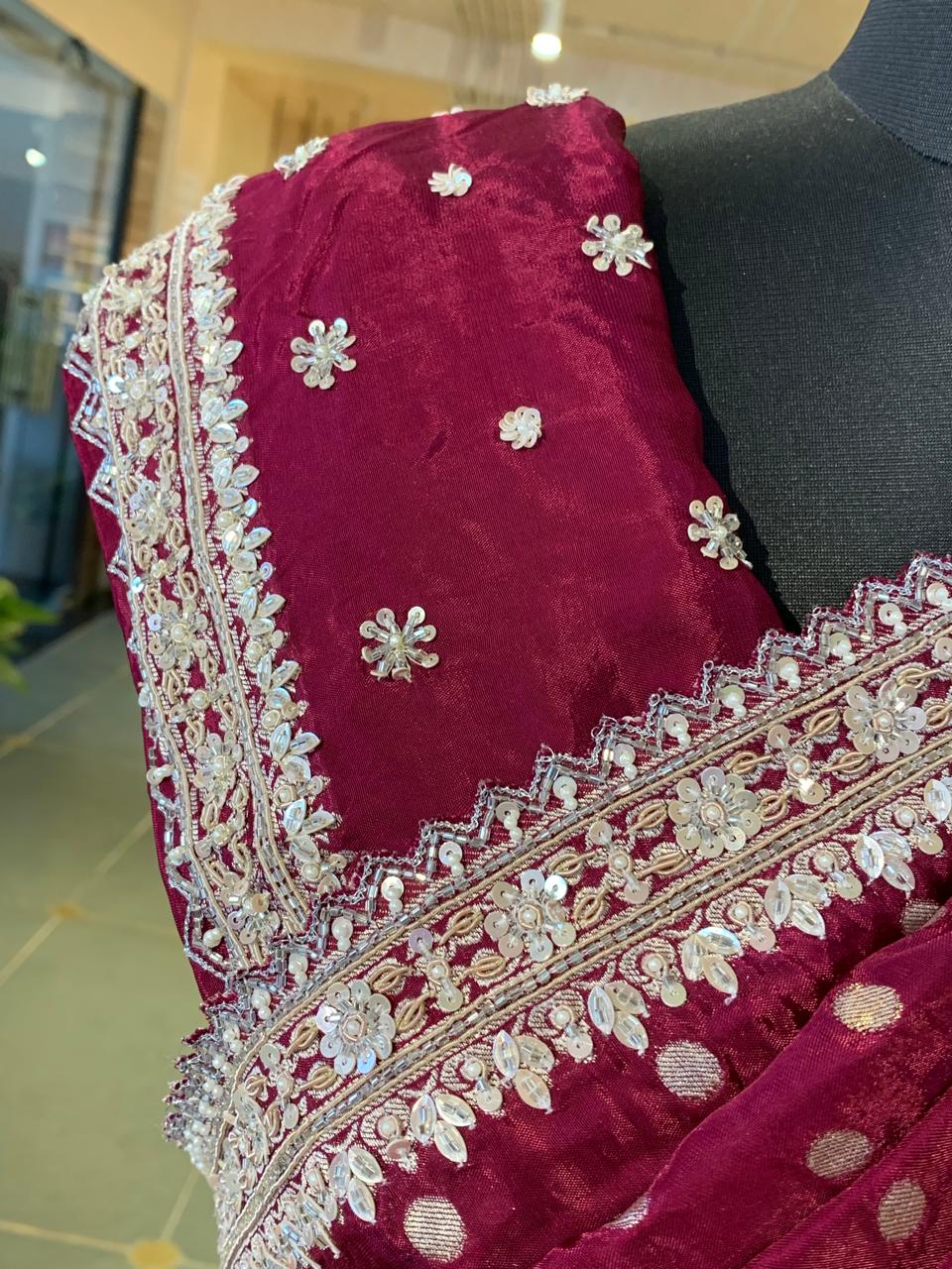 Wine Satin Gorgette Saree with Handwork border and blouse and allover zari butis