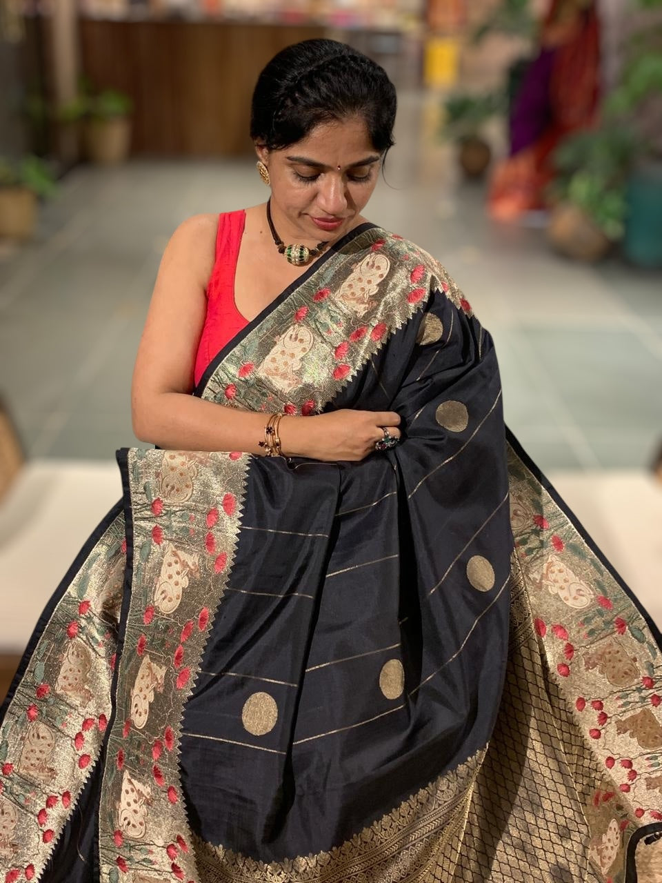 Black Kanjeevaram Silk Saree With Tissue Pichwai Embroidery Border