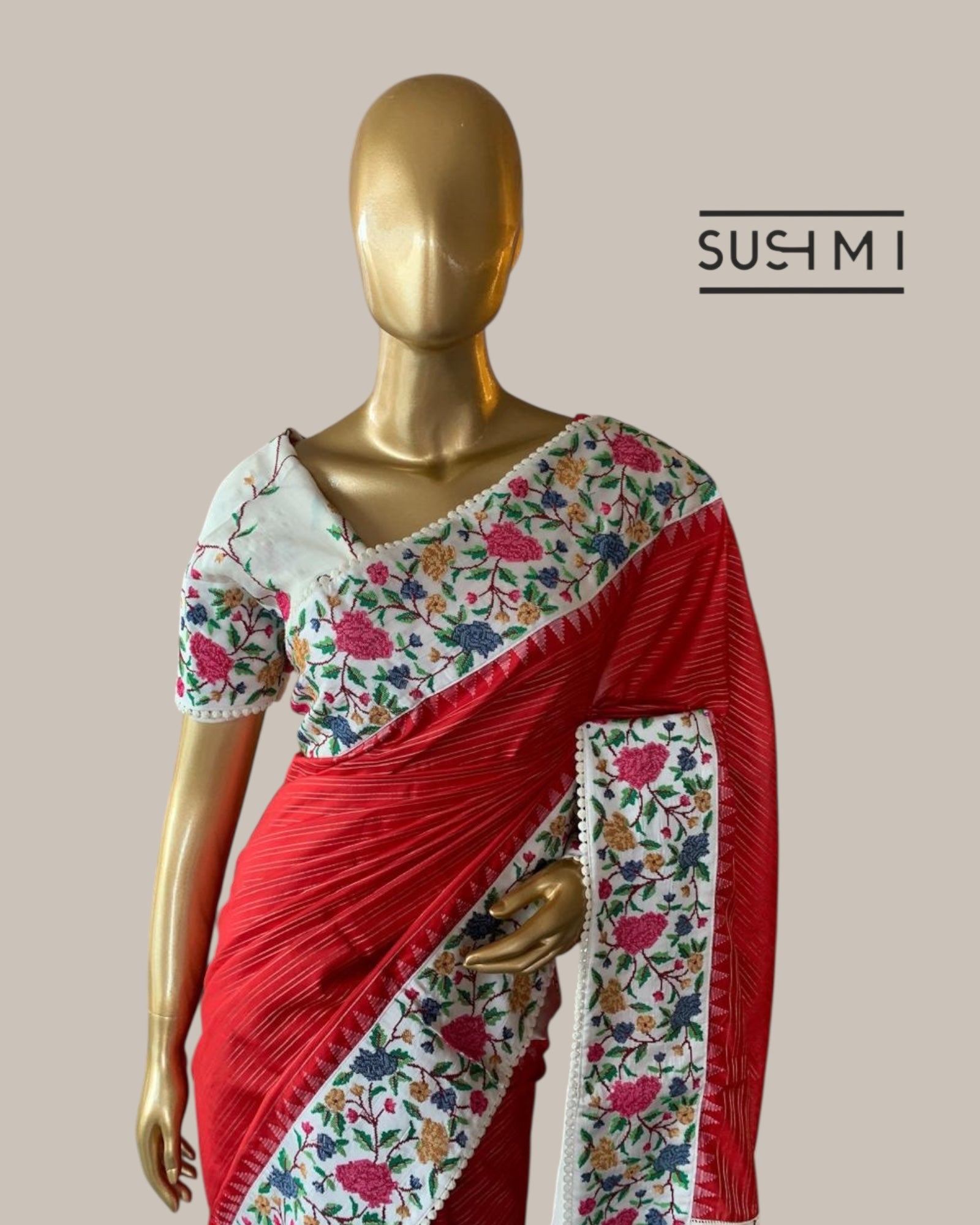 Red Kanchi Soft Silk Saree With Petite Point Embroidered Border Pallu & Blouse