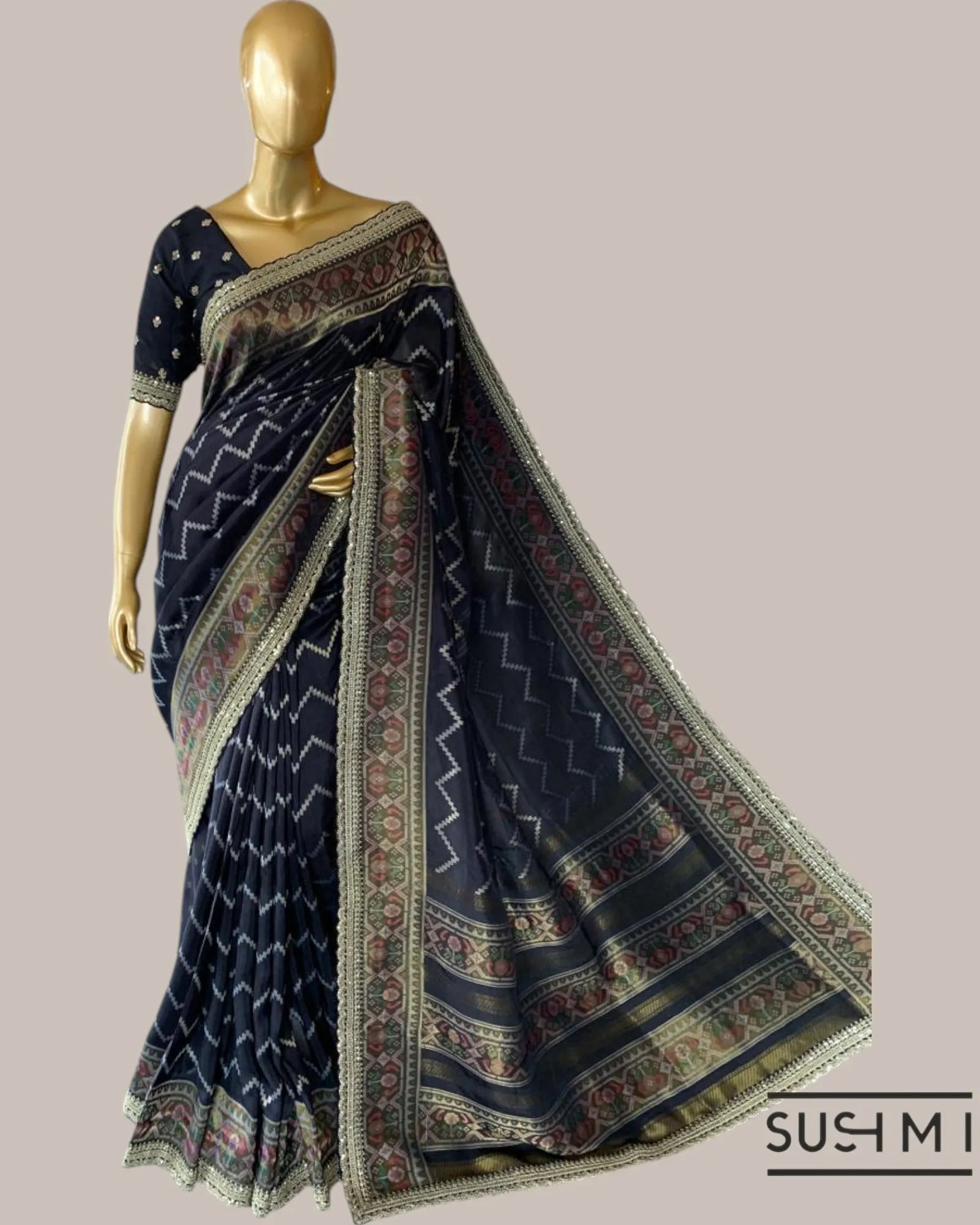 Black Falling Tussar Silk Gorgette Saree in Ikkath Patola style Chevron body and