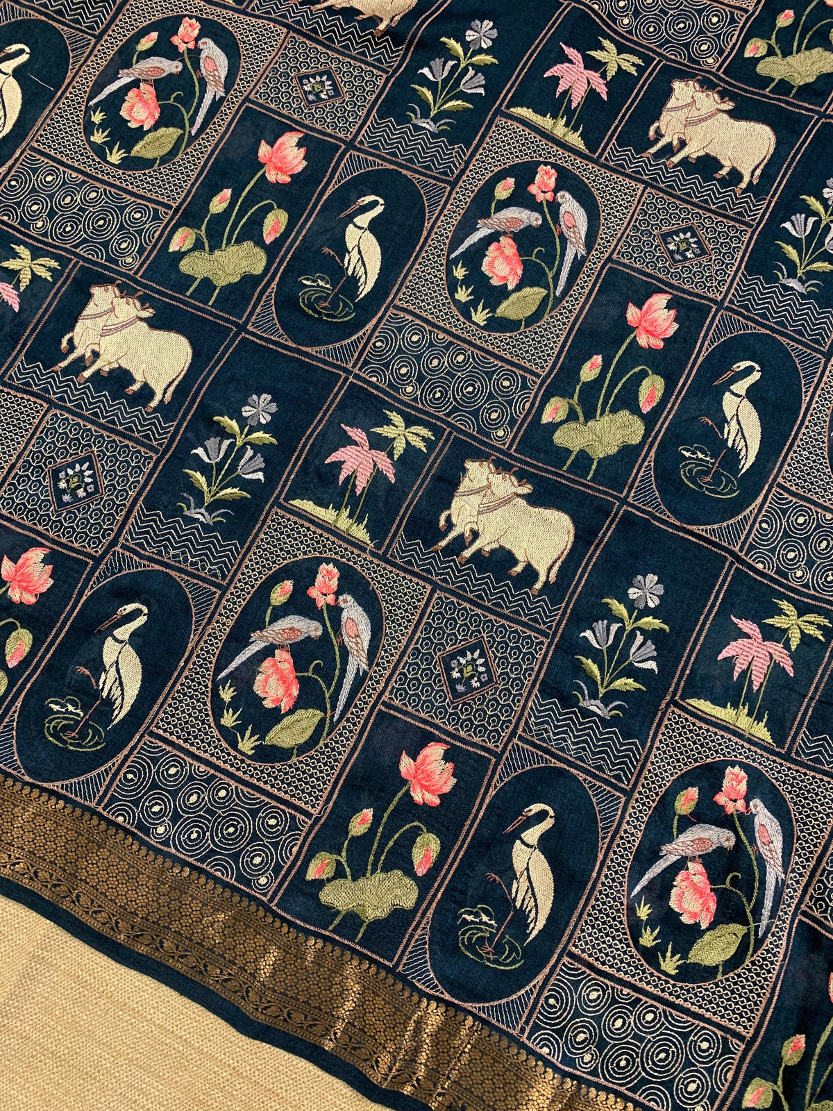 SMSEA107 Peacock Blue Pure Handloom Munga Silk Saree with Pichwai Embroidery