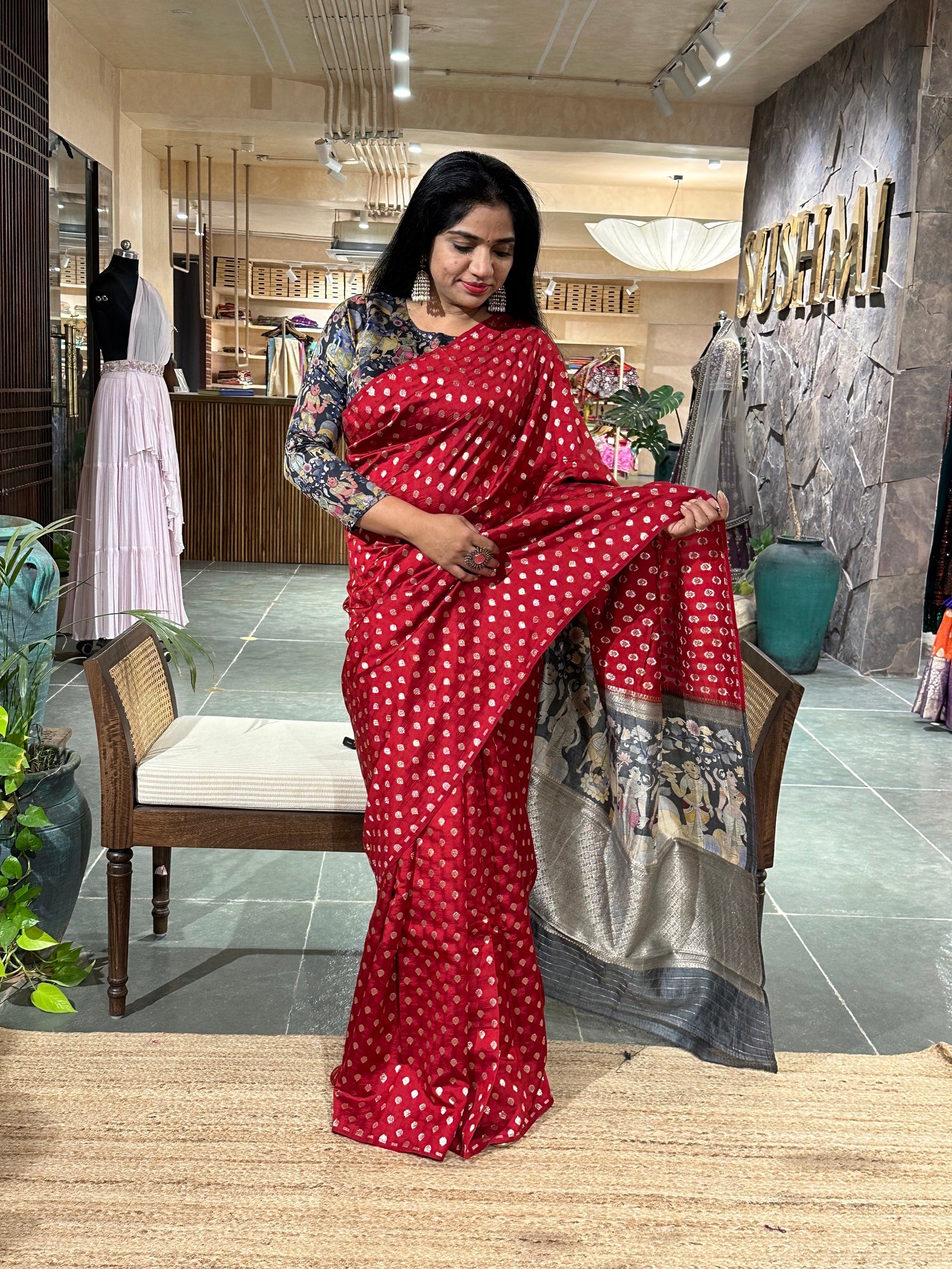 Banarasi chinia silk with krishna theme pallu-
