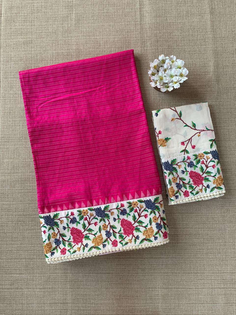 Pink Kanchi Soft Silk Saree With Petite Point Embroidered Border Pallu & Blouse