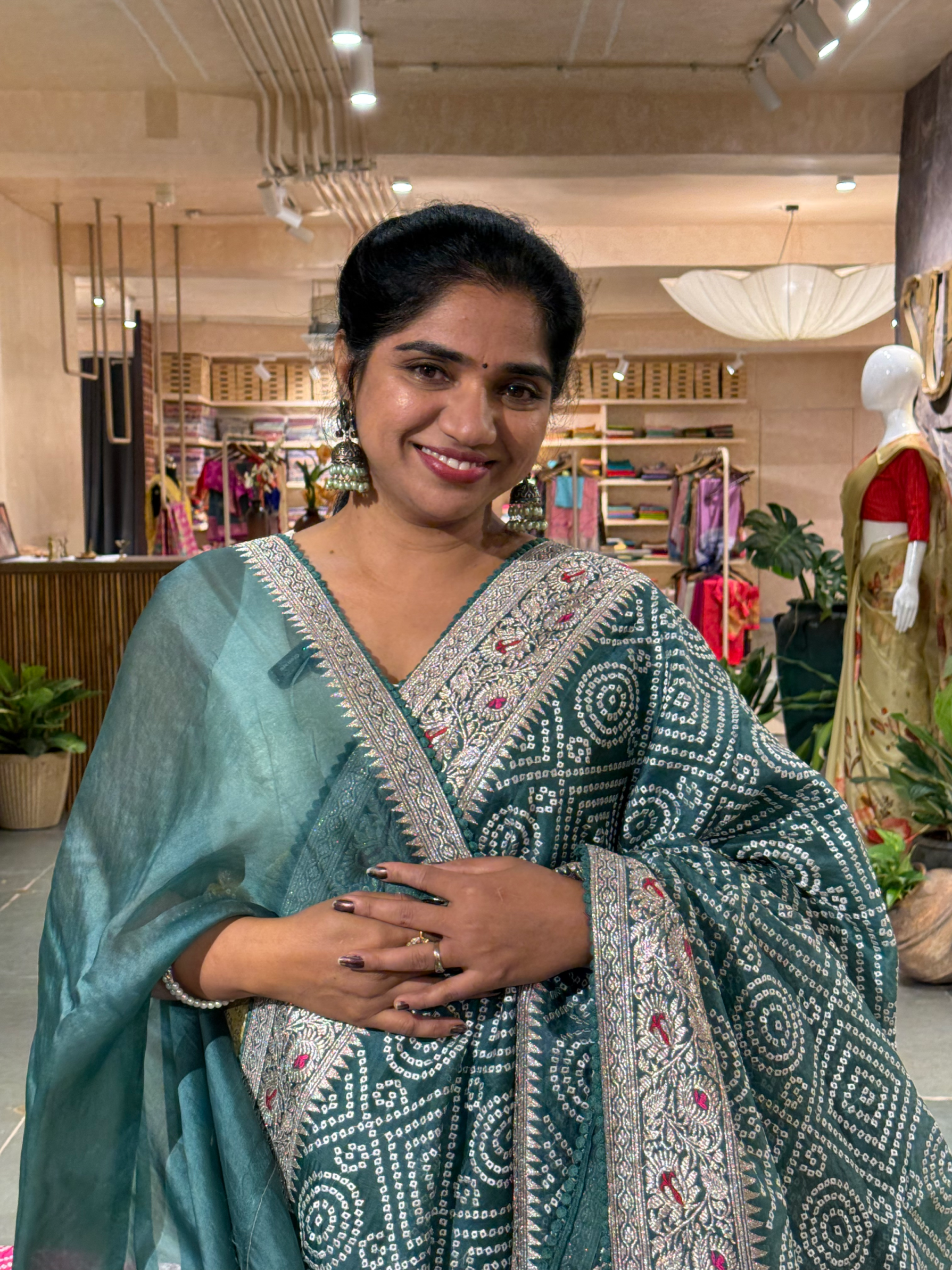 OSOBBM178: Sage Green Organza Banarasi with Bandhini Look Allover Embroidery