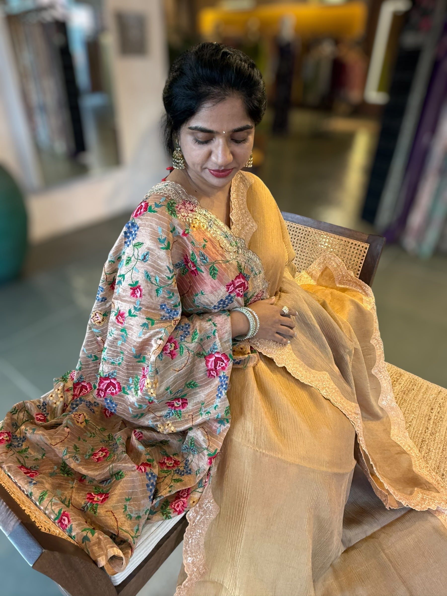 Ombre Dyed Crush Tissue Saree With Pitawork Border & Petite Point Embroidered BP