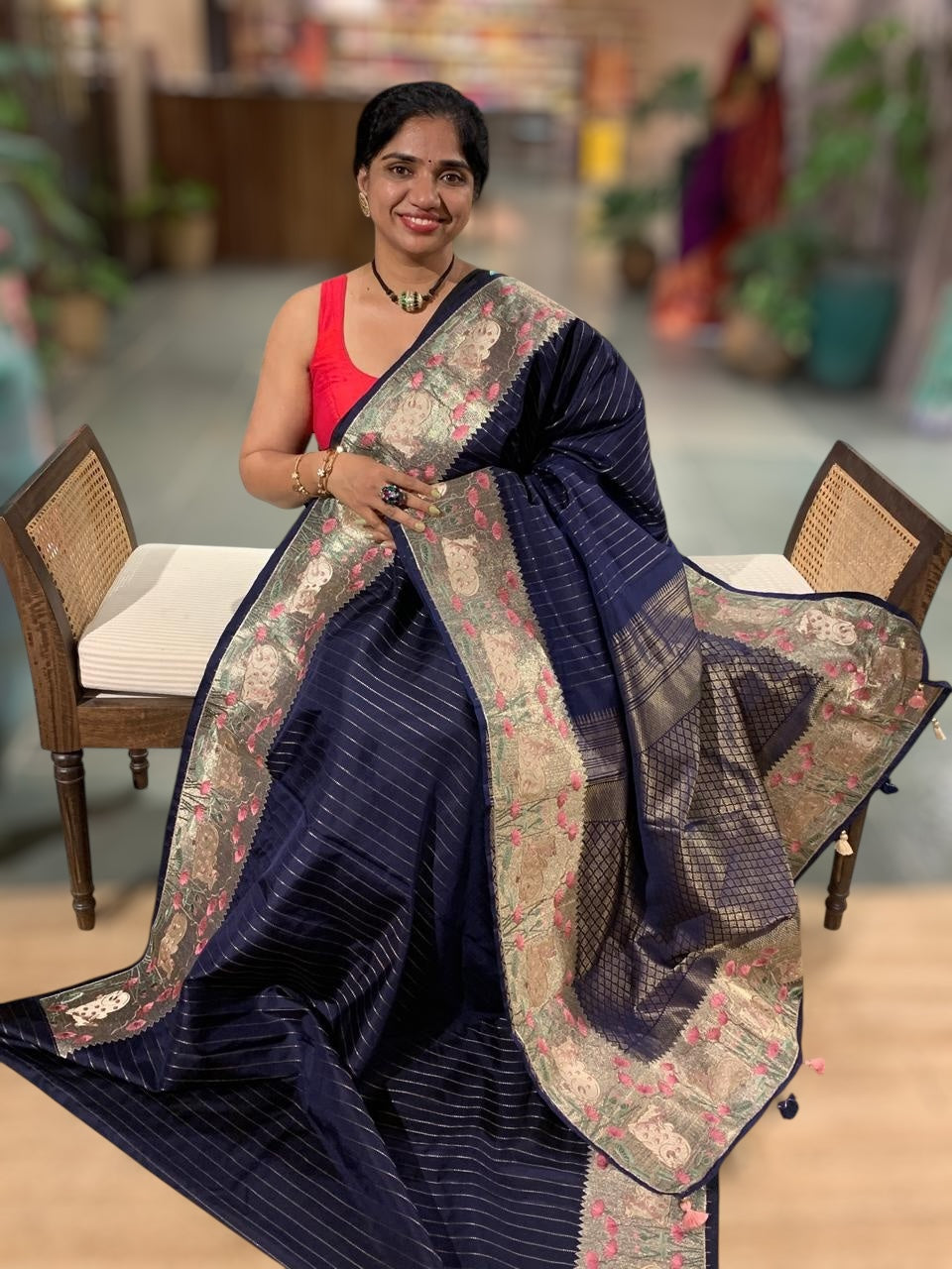 Midnight Blue Kanjeevaram Silk Saree With Tissue Pichwai Embroidery Border