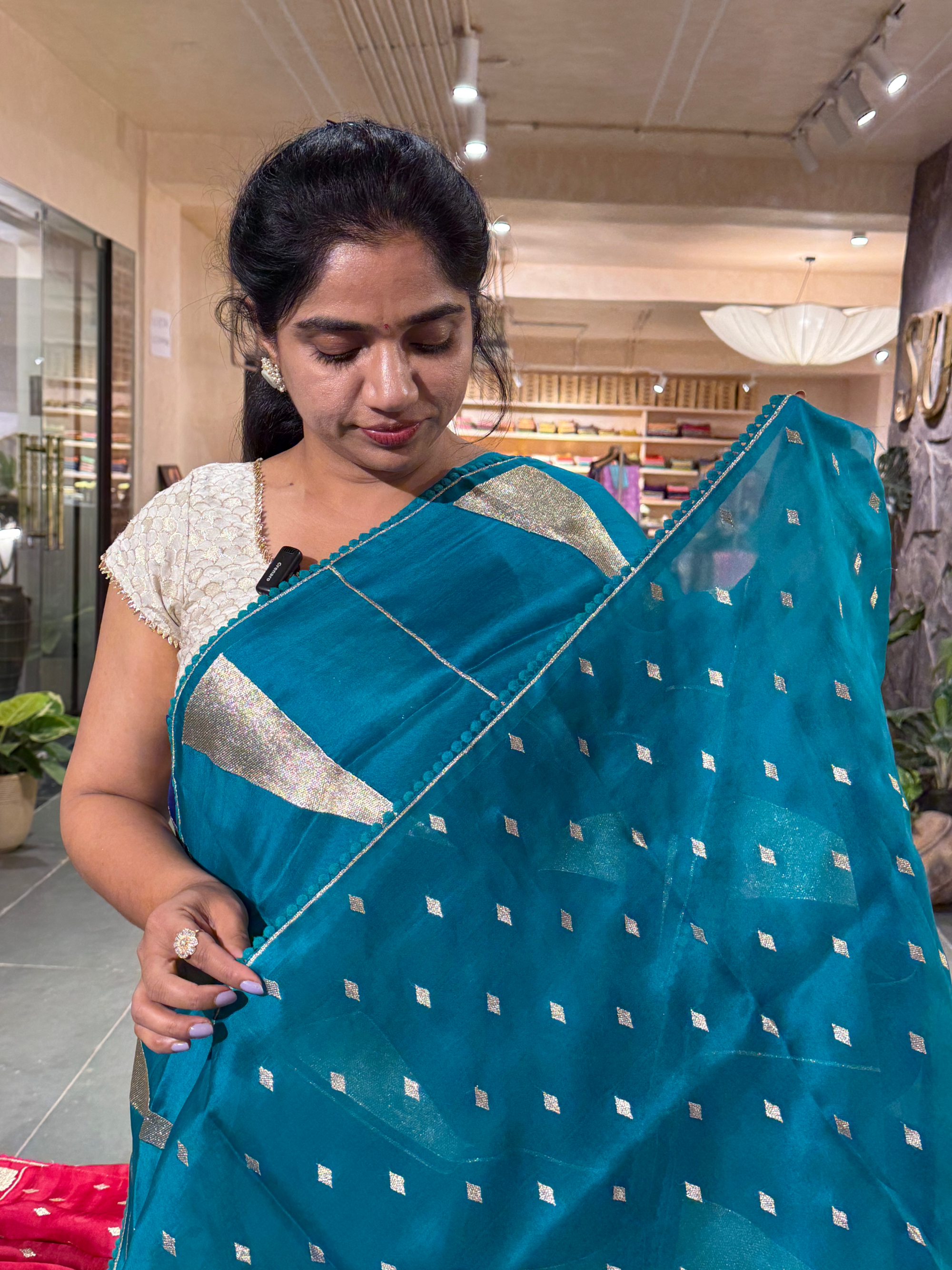 SOCA105 Teal Pure Organza Silk Saree in contemporary style