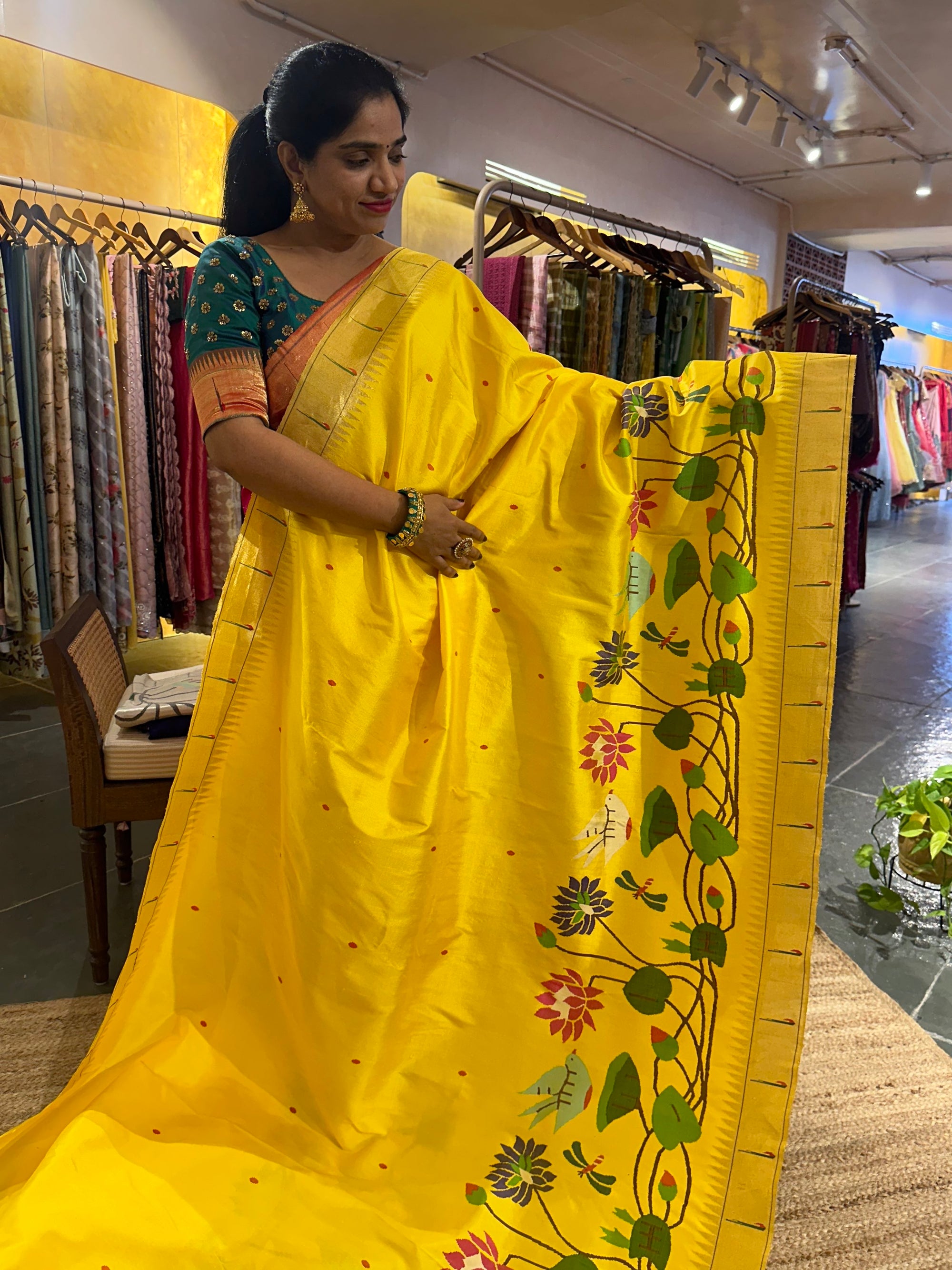 Mango Yellow half allover Pure Paithani saree