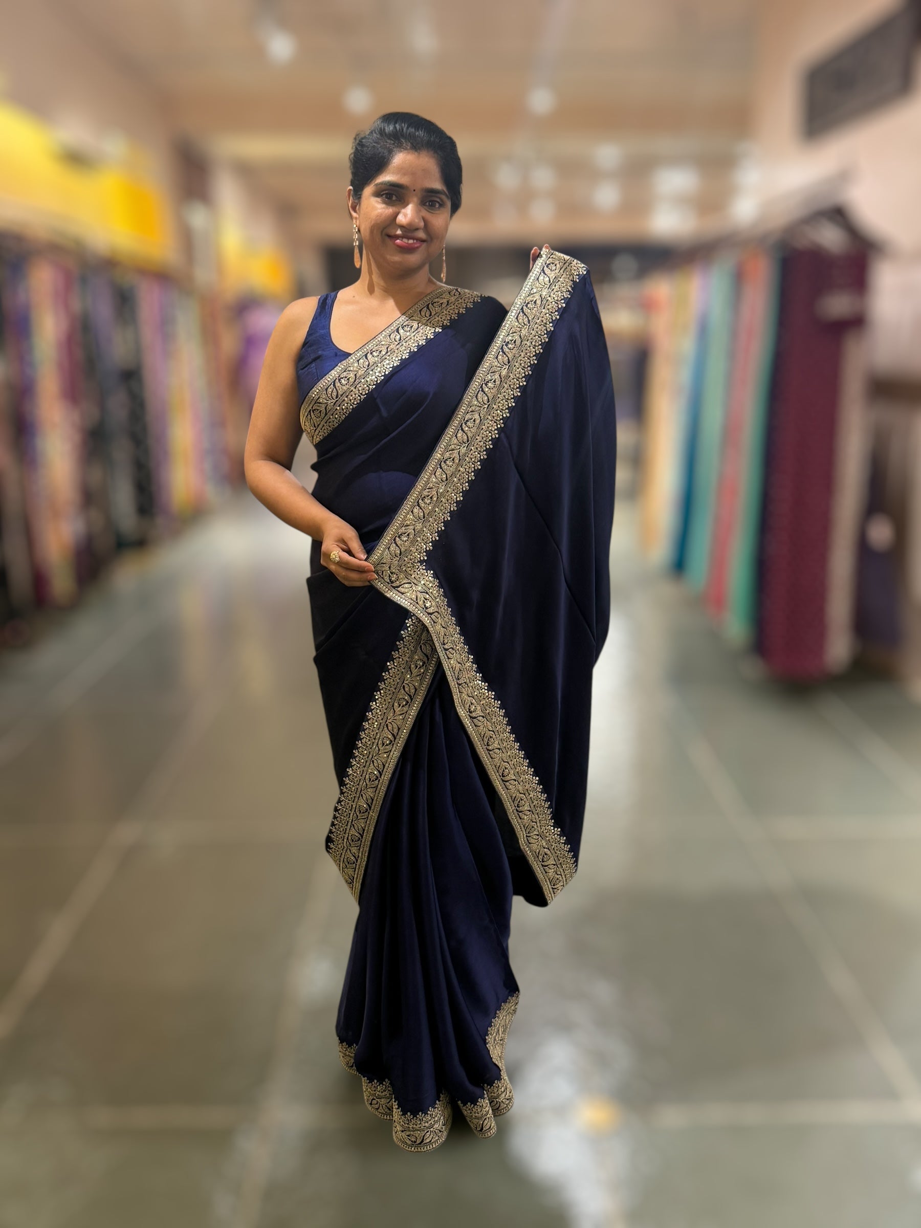 Midnight Blue Pure Satin Silk Saree With Sabhya Borders & Allover Emb Blouse