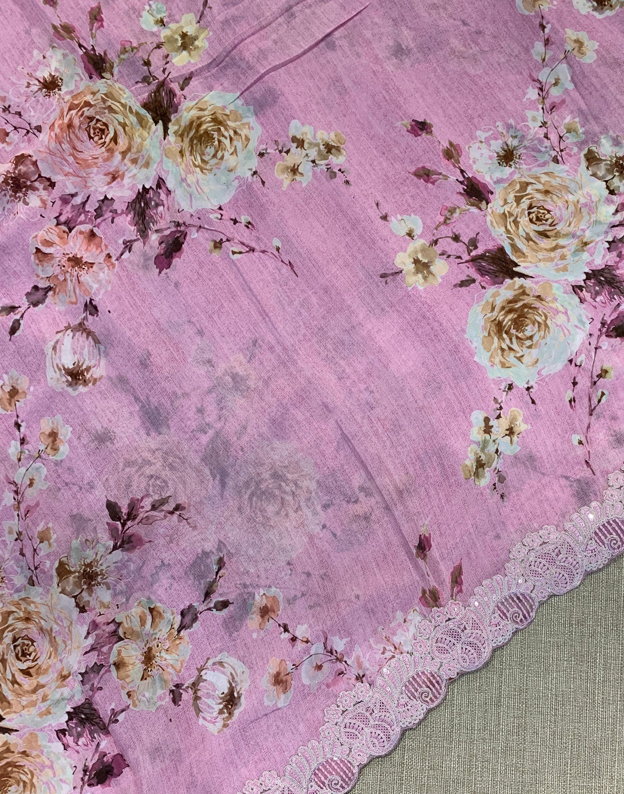 Lotus Pink Crepe Silk Gorgette Floral Printed Saree with Cutwork Border