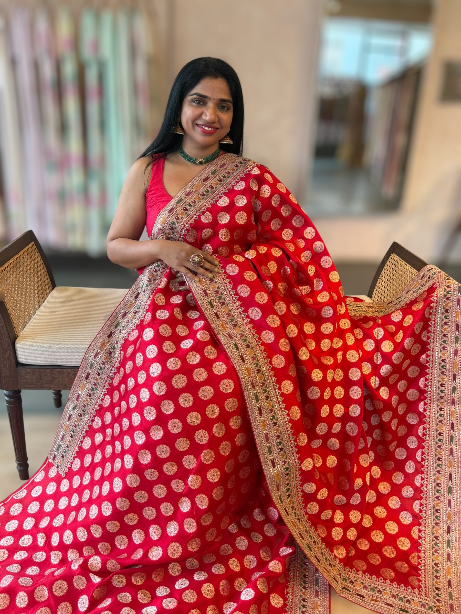 Chilli Red Banarasi Silk Saree Wth Chakra Meenakari Motifs & Sabhyasachi Borders