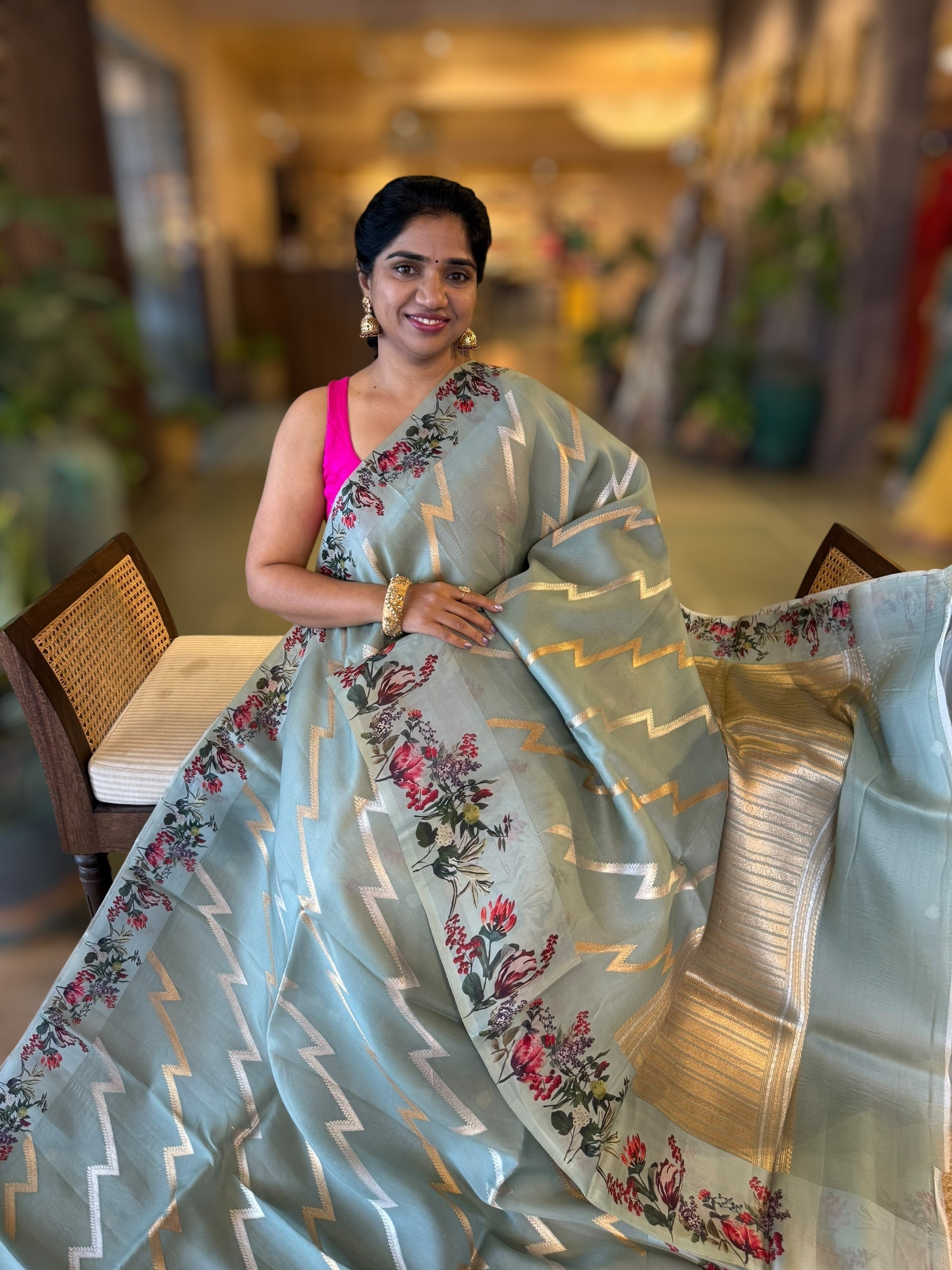 Greyish Blue Designer Premium Handloom Kora Banarasi with Printed Borders