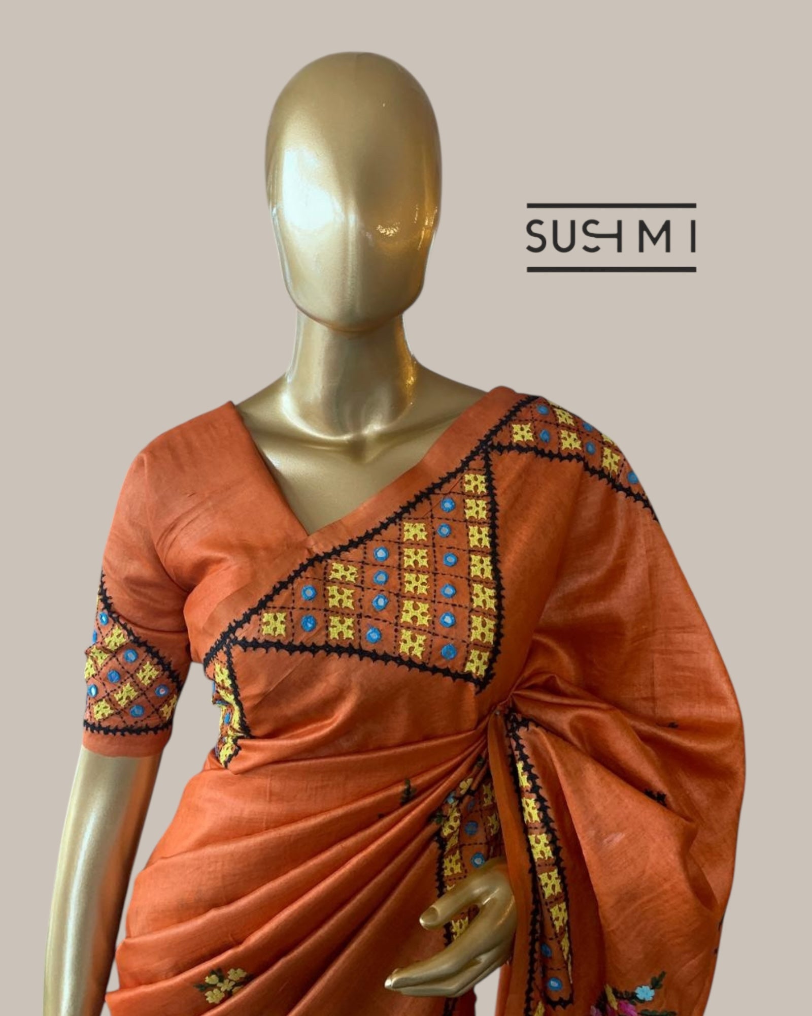 Rust Orange Pure Tussar Saree with handwork Kutch embroidered with mirrors