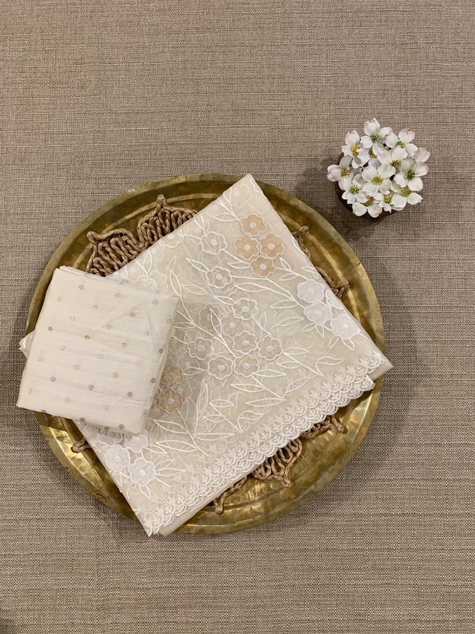 Ivory Organza Applique work Saree