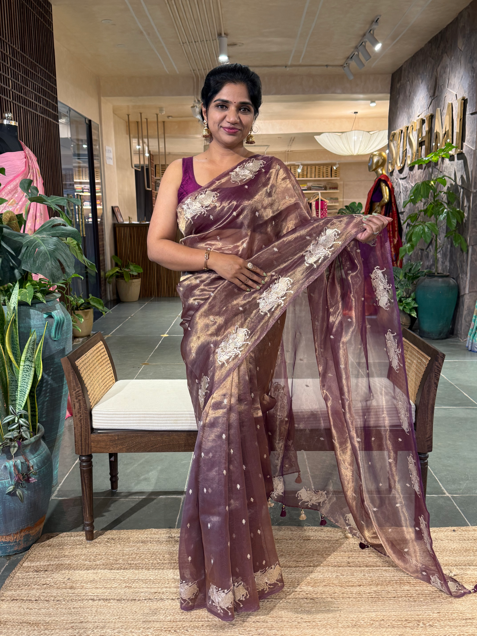Purple Tissue  Saree with  Nandi Embroidery & Stripes Tissue  Blouse