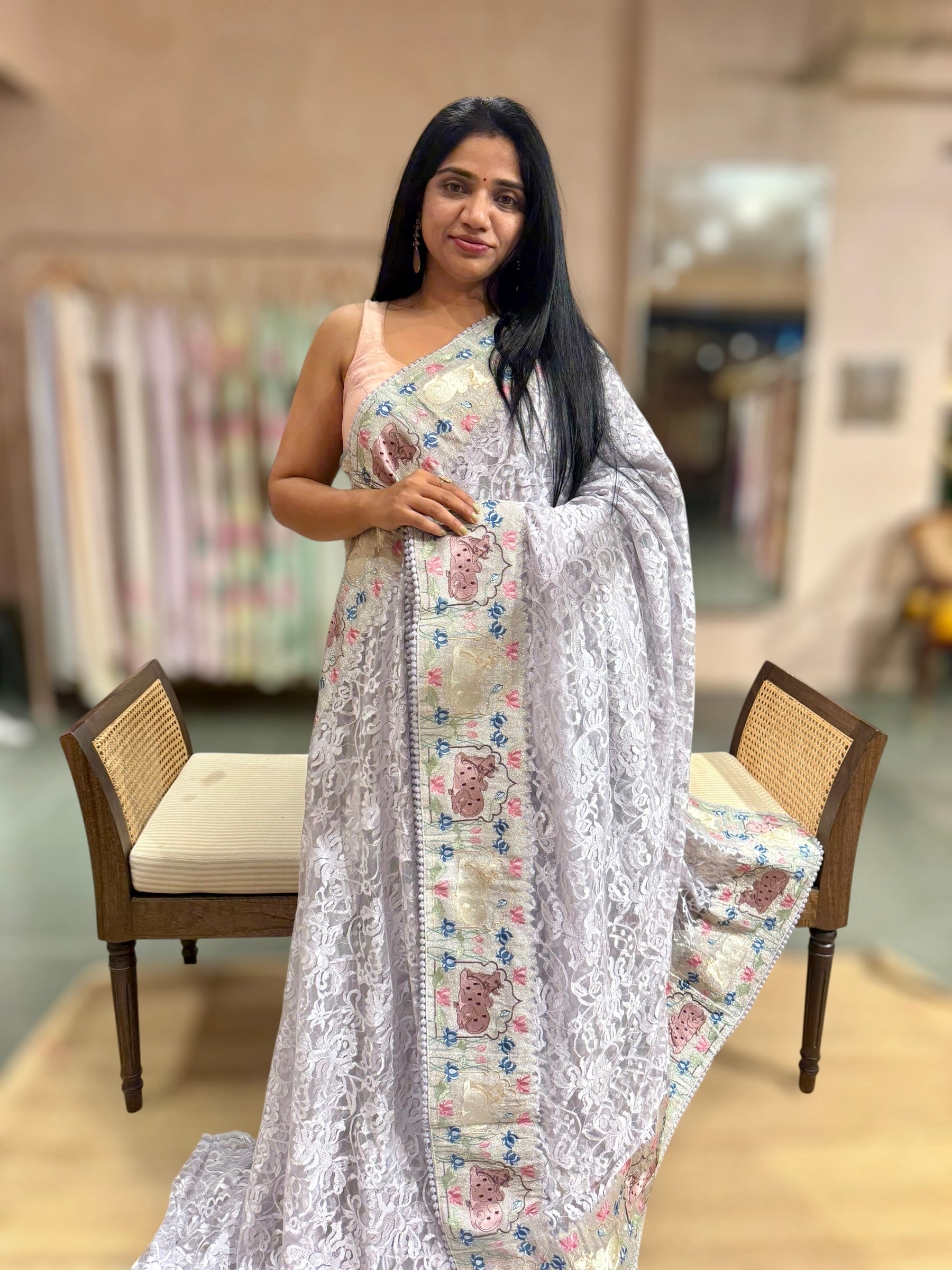 Light Lilac Chantilly Lace Saree With Tissue Nandi  Embroidered Border