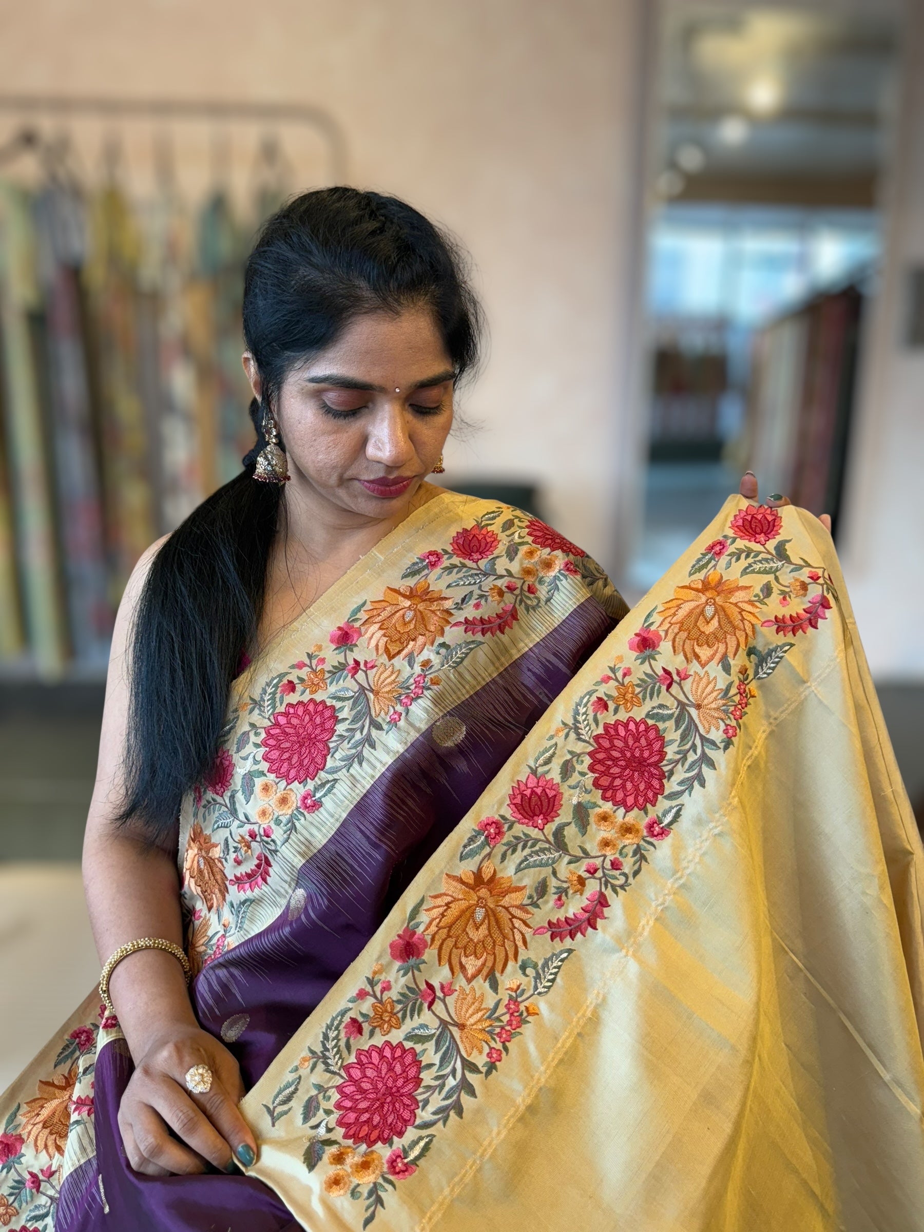 Wine Kanchi Silk Saree in With Petite Point  Embroidered Border