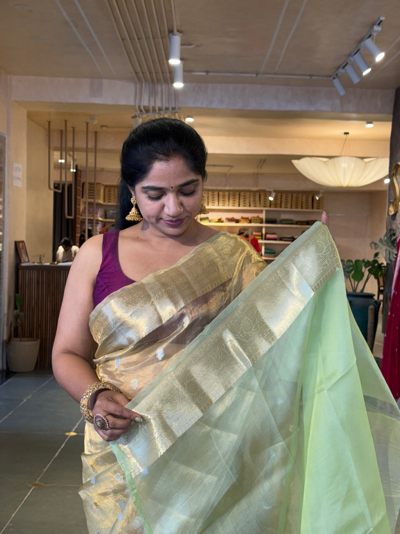 WDTSH :  Light Apple Green Banarasi Tissue Saree with Gold based Tissue
