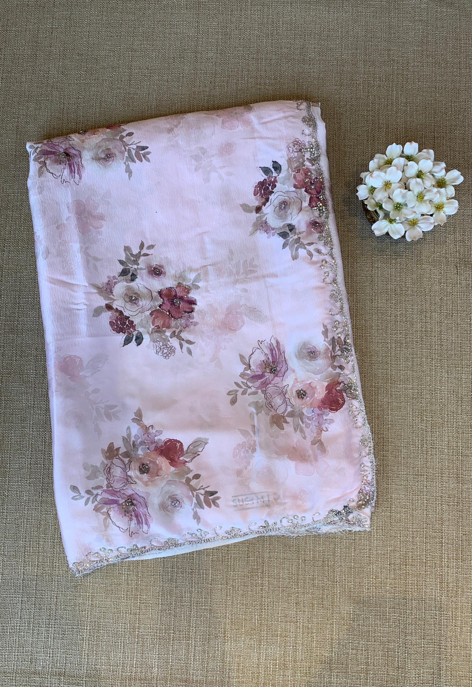 Lilac Pink Pure Chinnon Satin Crepe Saree with Floral Print& Handwork Borders