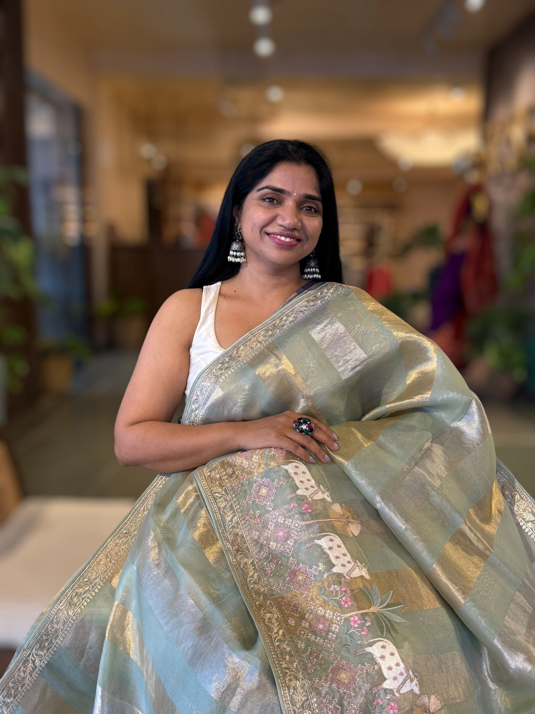 Pista Green Kora Tissue Stripes Saree With Jamdani  & Pichwai embroidered Border