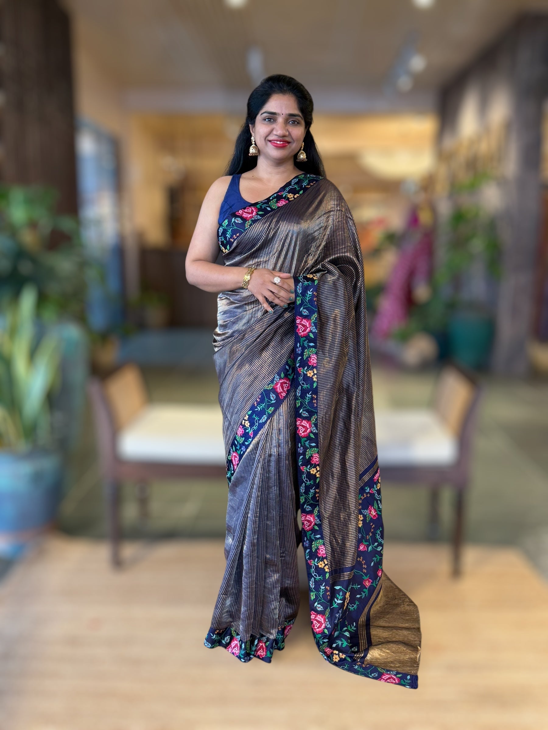 Navy Tissue Stripes Saree wth Petite Point Embroidered Border Pallu & BP