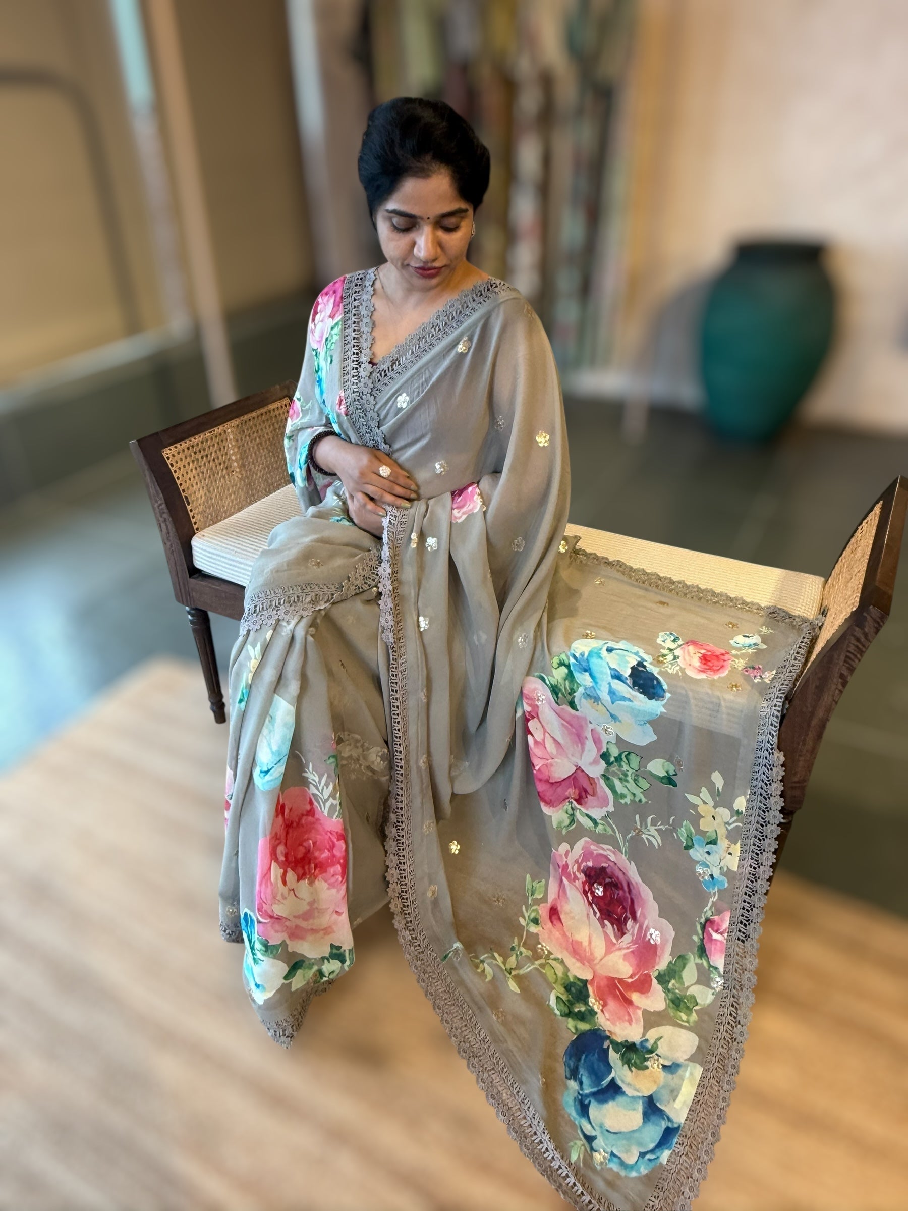 Olive Floral Gorgette Saree with Allover Sequence Floral