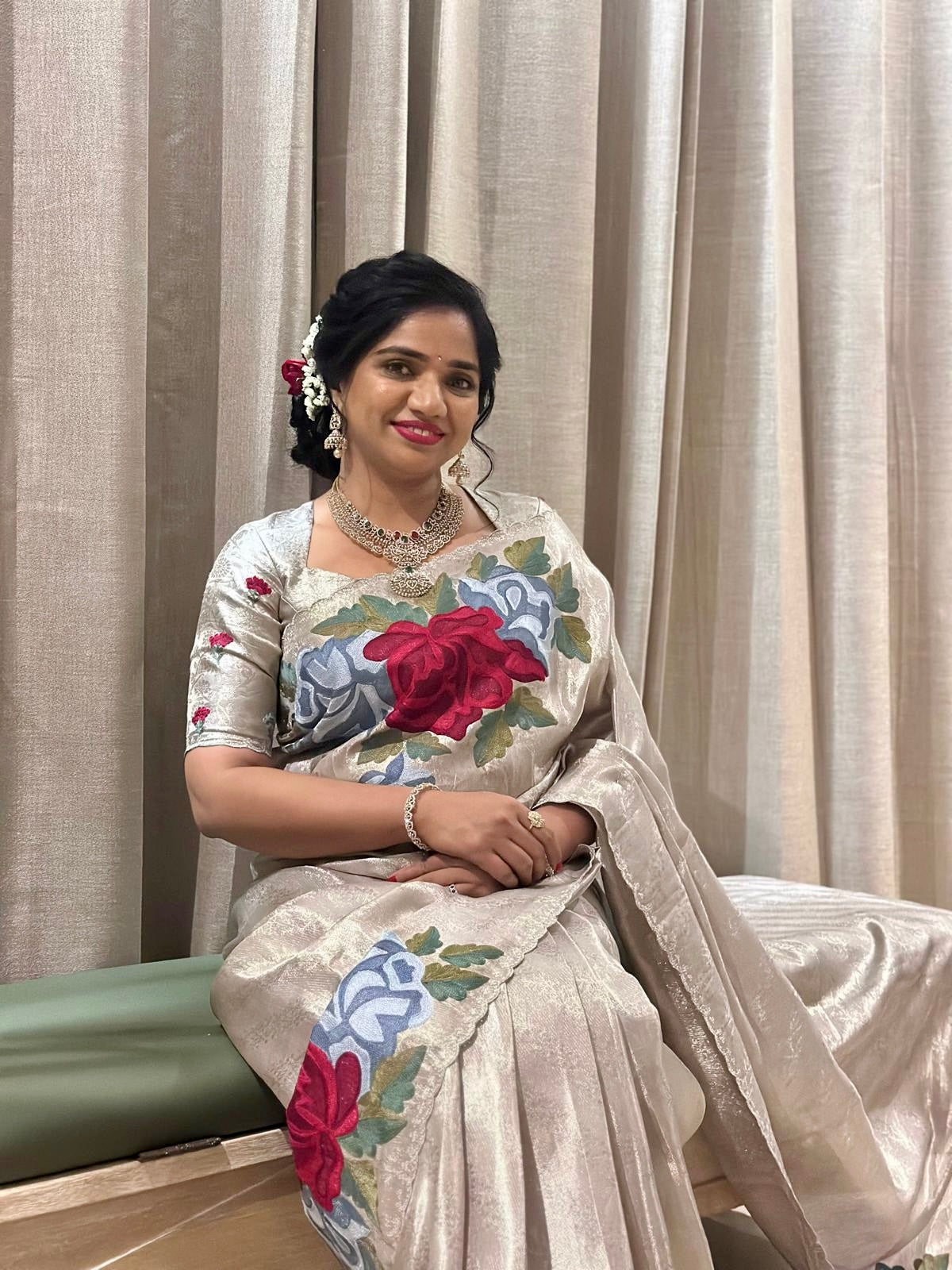 Silver Kanchi Brocade Tissue Saree with Statement Floral Embroidered Roses