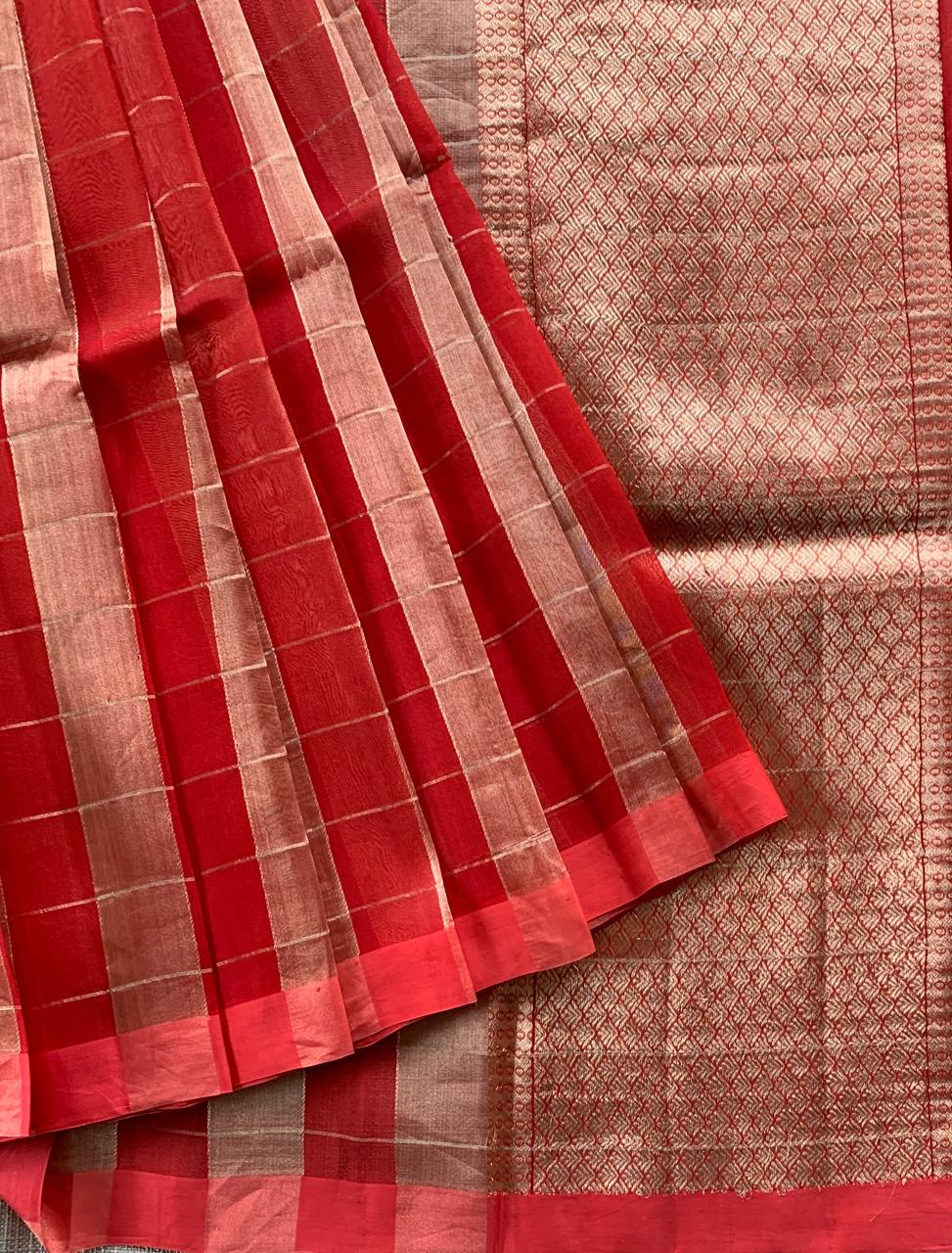 Red Pure Handloom Banarasi Kora Tissue Checks Saree