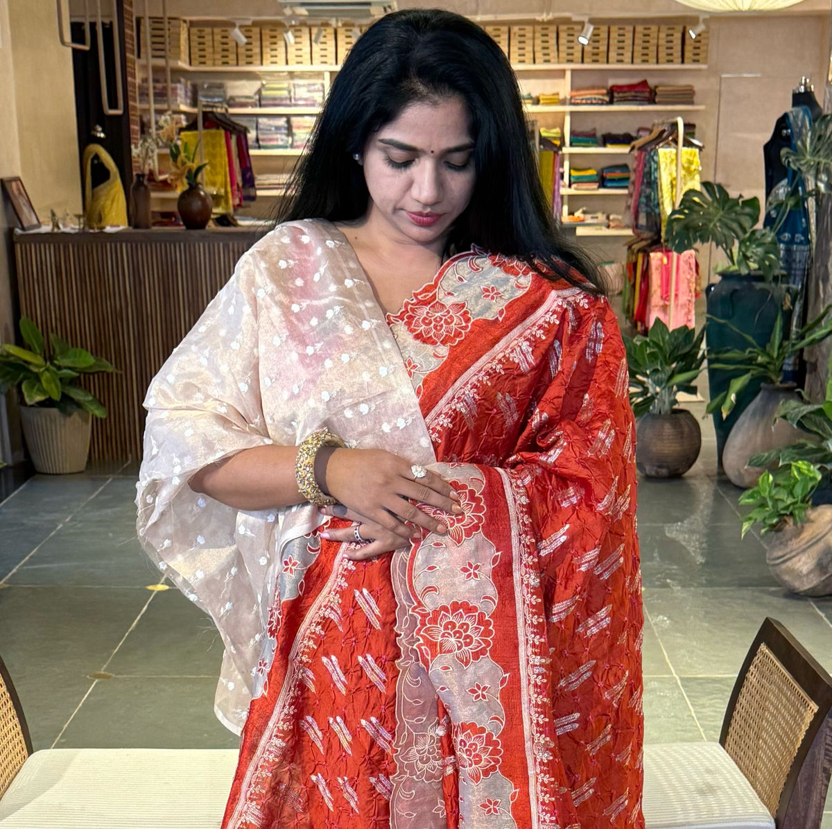 Banarasi Handloom Chiniya Silk Bandhini with Tissue Appl