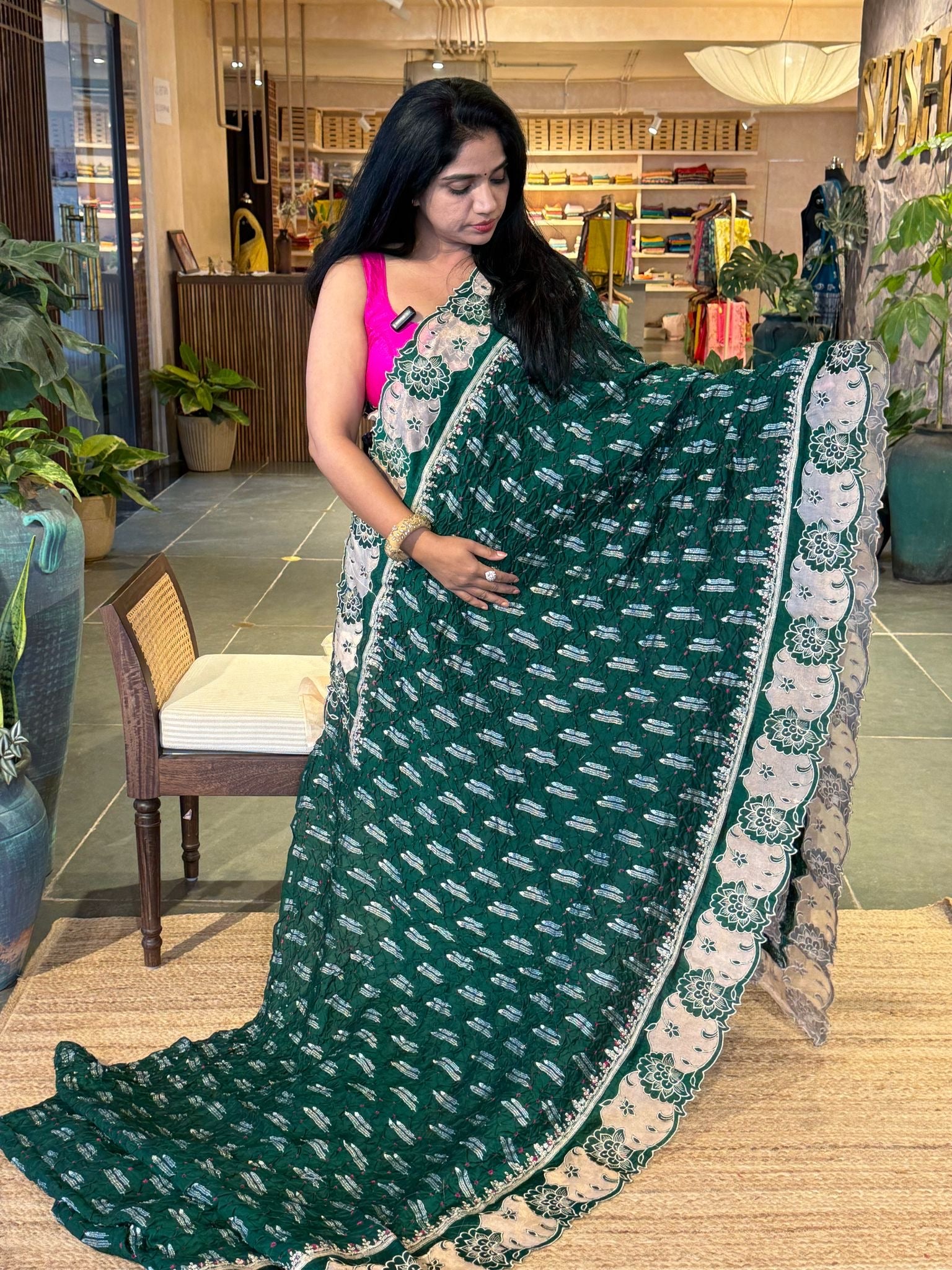 Banarasi Handloom Chiniya Silk Bandhini with Tissue Applique
