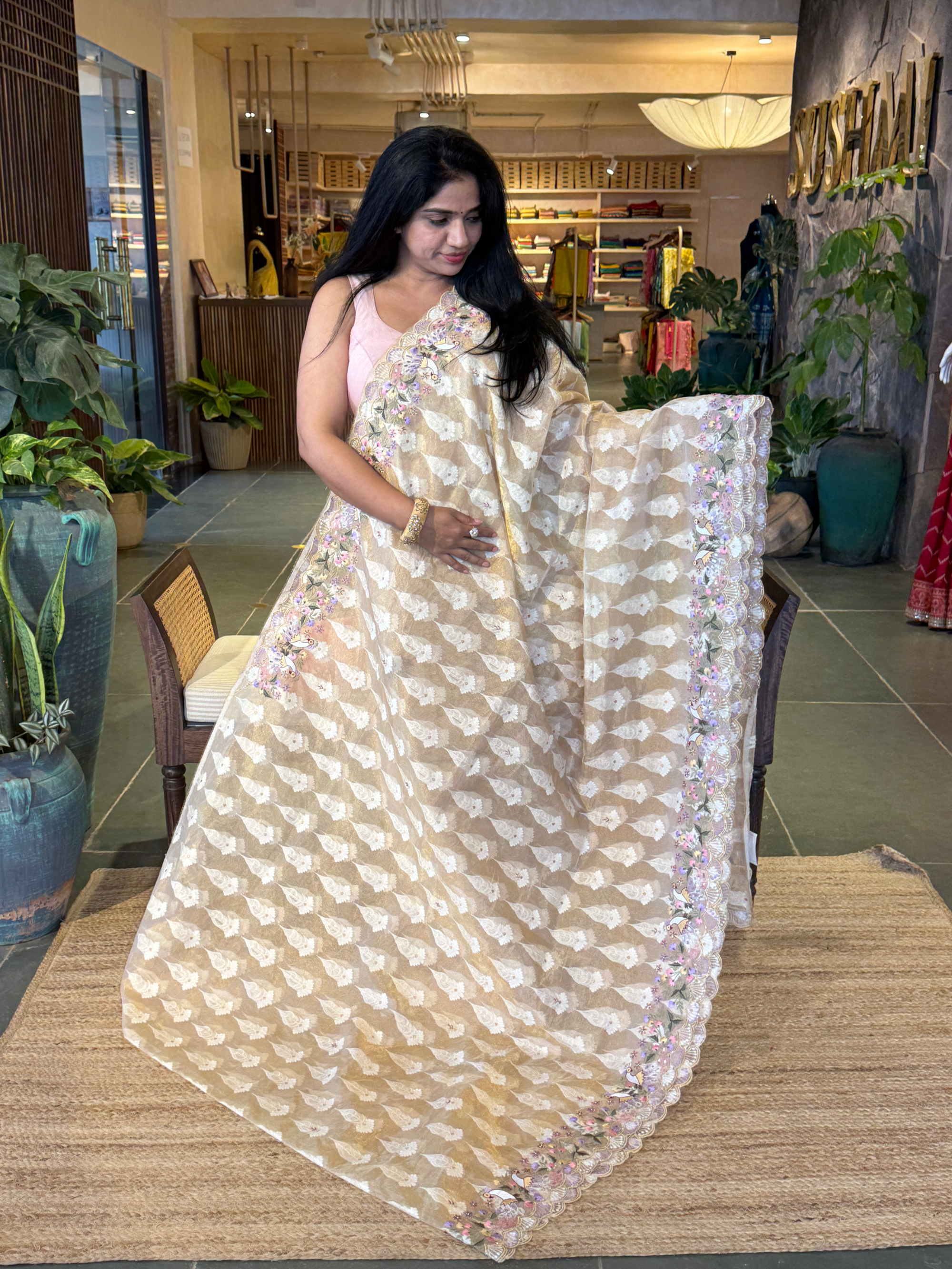 GTEA2002 : Pure Handloom Gold Tissue Saree With handwork borders and blouse