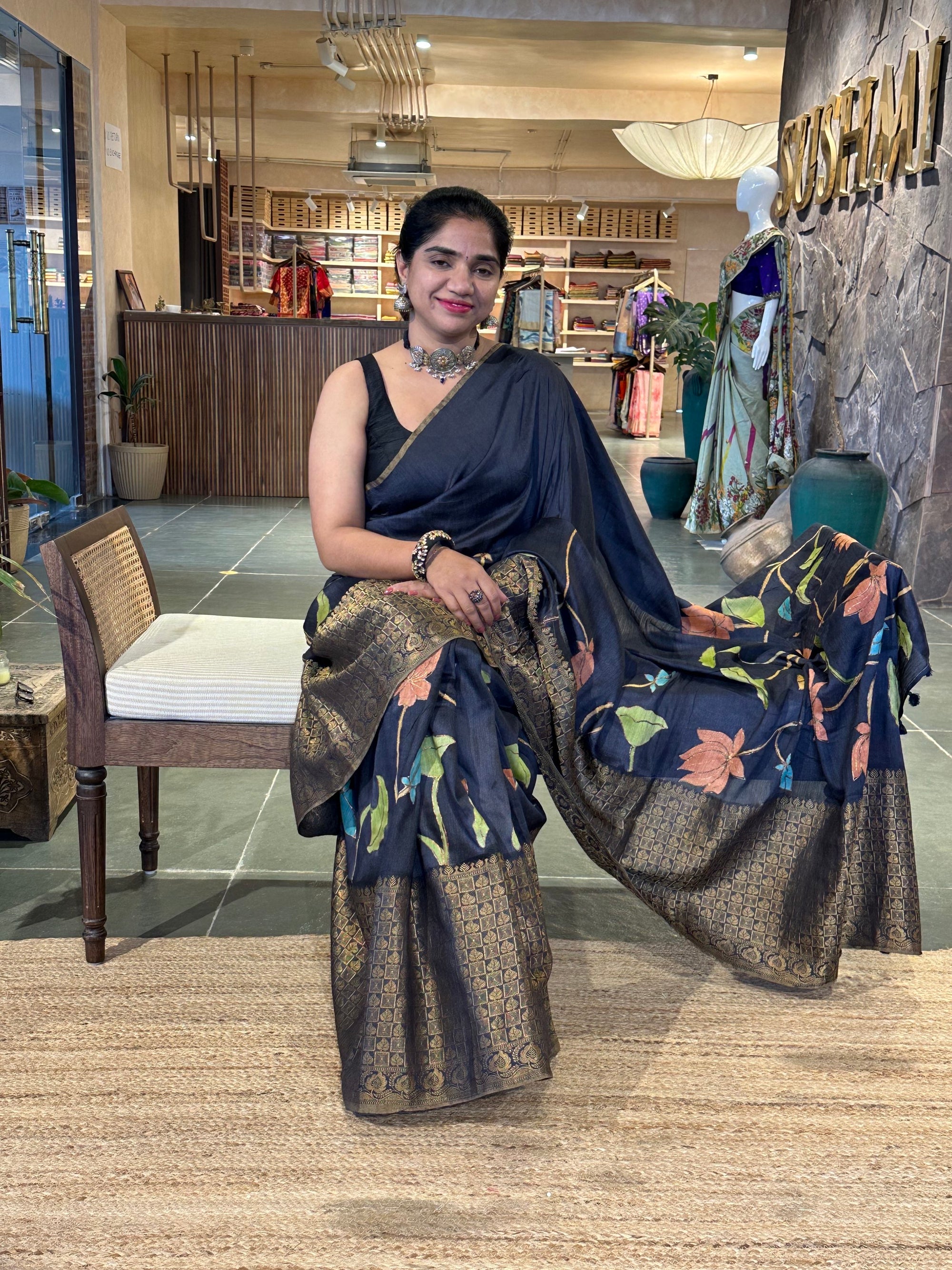Elephant Black Pure Handloom Munga Banarasi Saree with pichwai handpainting .