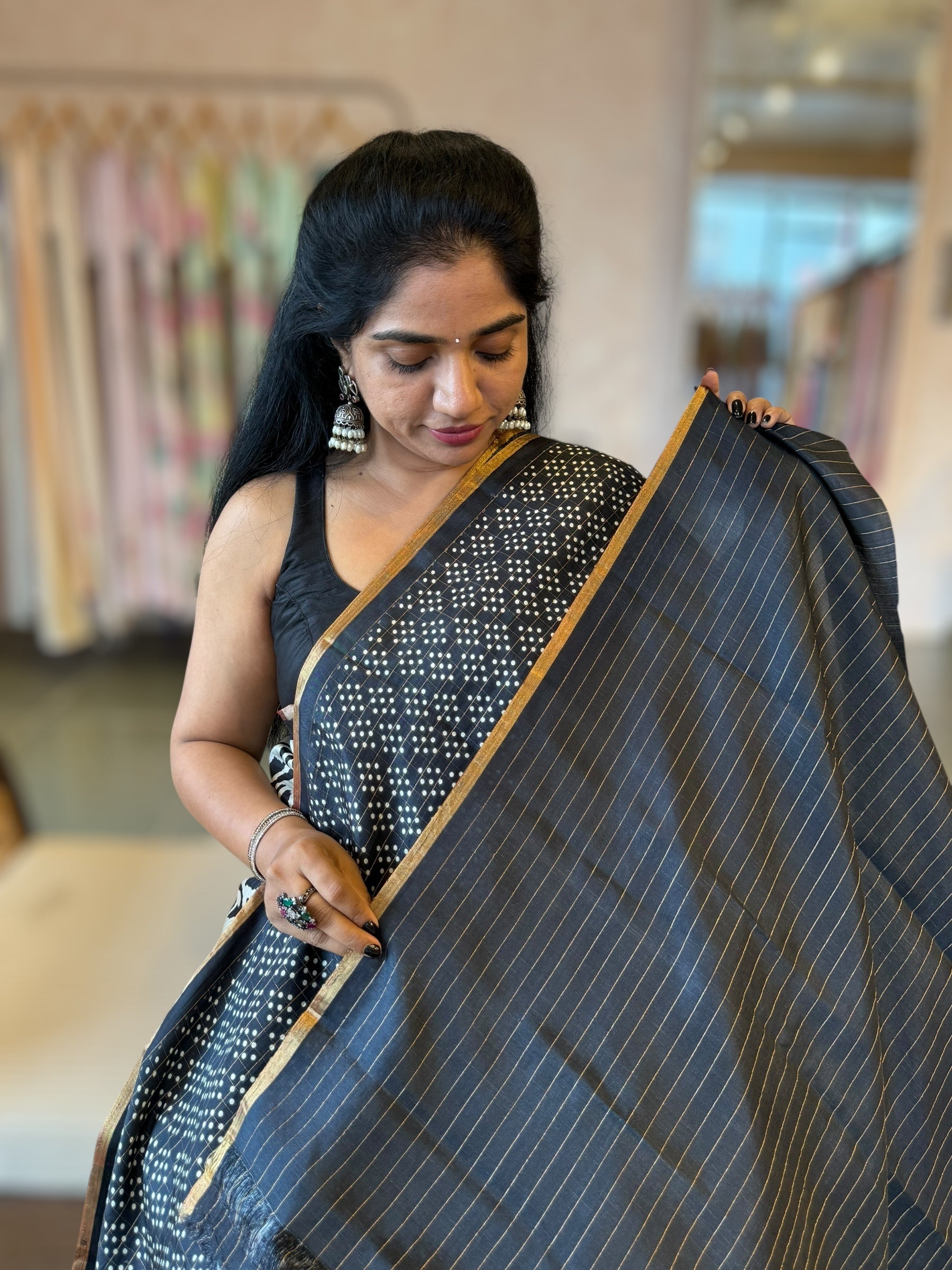 Black Kanchi Soft Silk Saree With Zari Checks allover the Saree &Bandhini Print