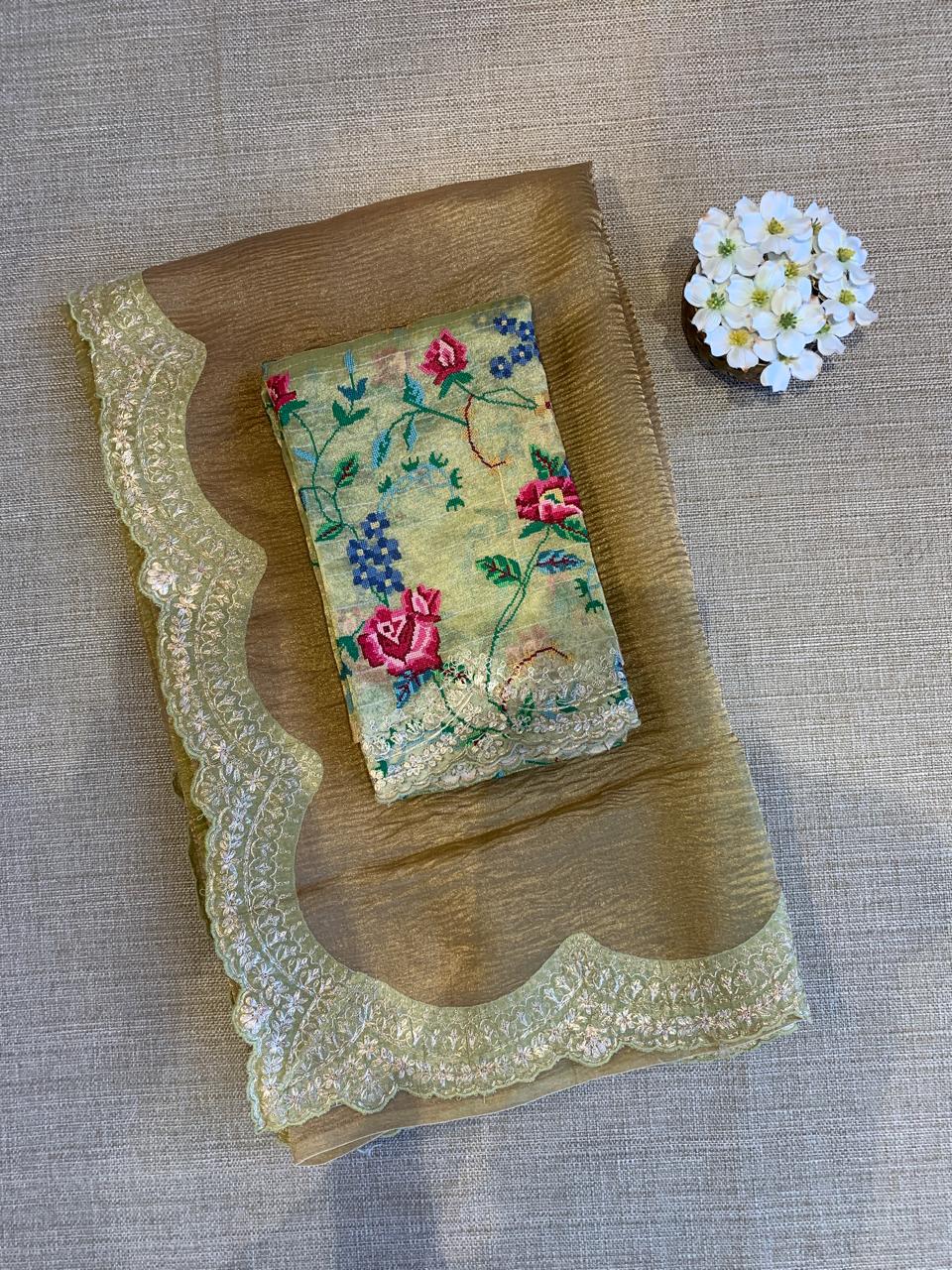 Ombre Dyed Crush Tissue Saree With Pitawork Border & Petite Point Embroidered BP