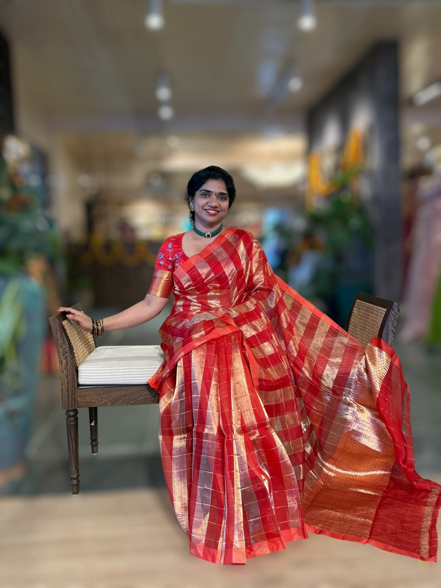 Red Pure Handloom Banarasi Kora Tissue Checks Saree
