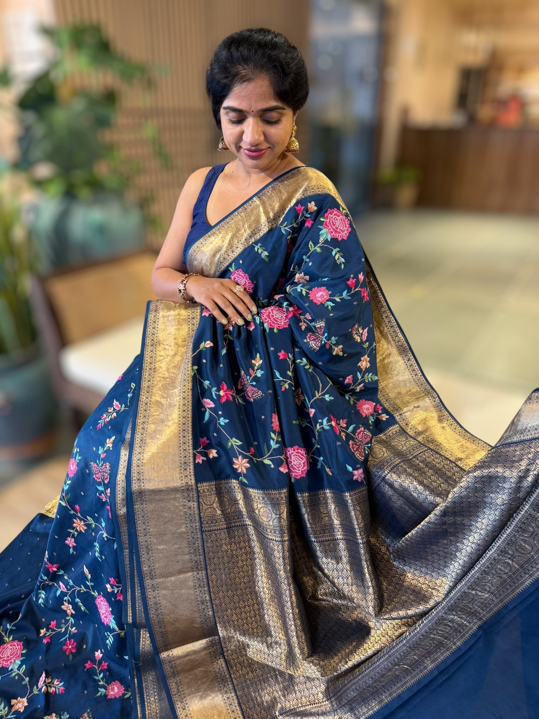 Midnight Blue Kanchi soft Silk Saree With Allover Petite Point Embroidery